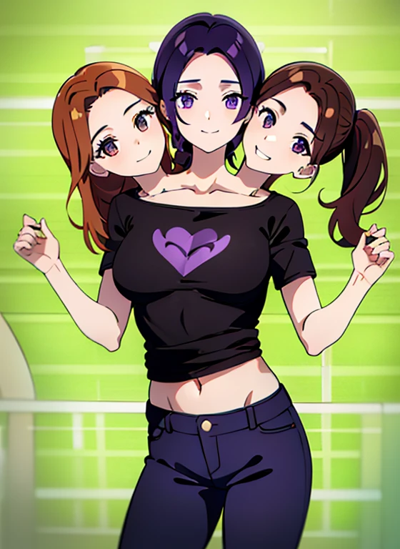 best quality, (masterpiece),(ultra-detailed), (high quality), (high resolution), (3heads:1.5) orange hair, brown hair, black hair, three headed woman, open mouths, smiling,best quality:1.5, highres, UHD, 4K),, ((purple t shirt)), ((wearing black jeans)), Beautiful girl with accentuated slender abs, small breasts, blue eyes, brown eyes