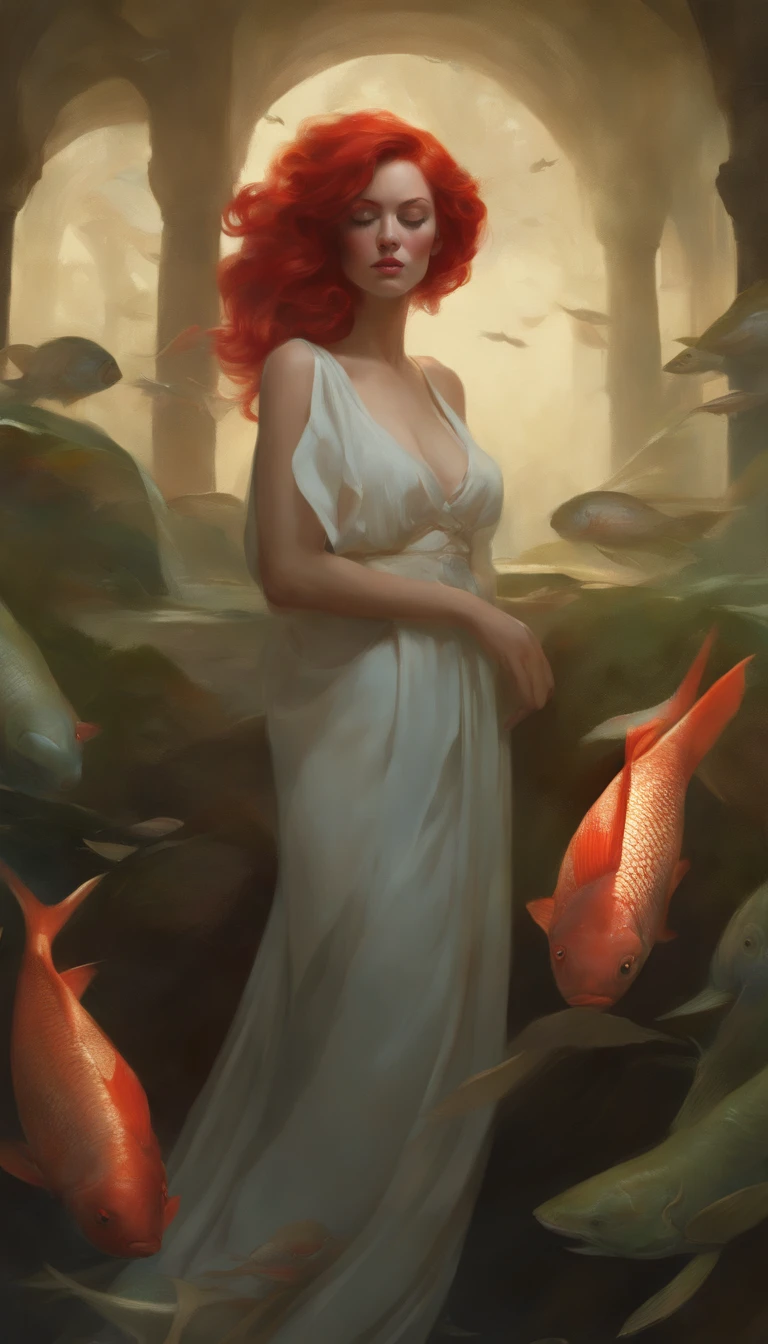 painting of a woman with red hair and fish in her hair, james jean and wlop, artgerm and james jean, ross tran 8 k, ross tran and wlop, yuri shwedoff and tom bagshaw, by Ross Tran, art tom bagshaw, loish and ross tran, loish and wlop, artgerm craig mullins