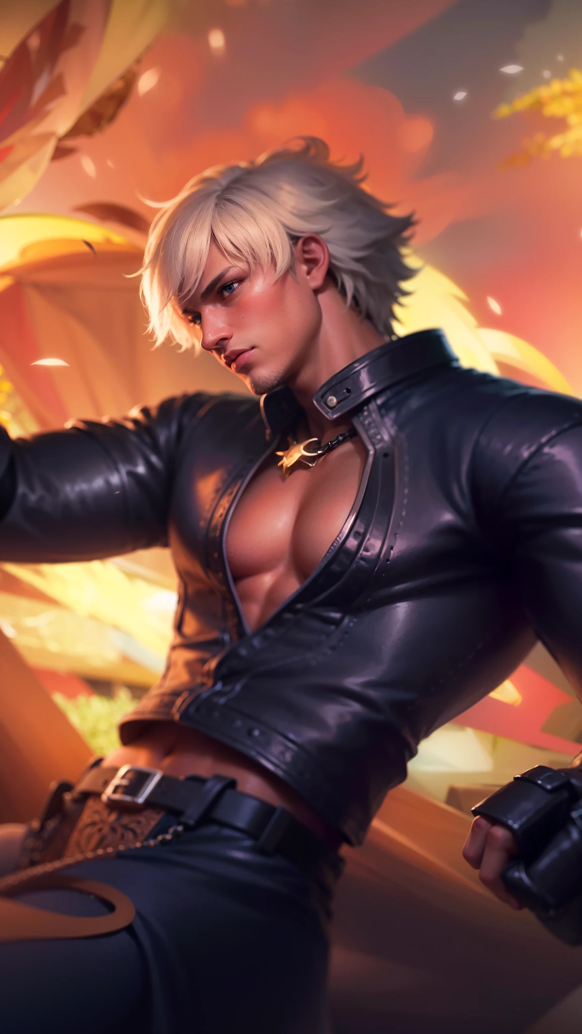 masculine male, masterpiece, ((perfect eyes)) best quality, (semirealism:1.9), beautiful lighting, (extremely detailed CG unity 4k fhd wallpaper), High Detail, Sharp focus, dramatic outdoors, 1 boy ,19 years old, white short hair, yellow eyes.