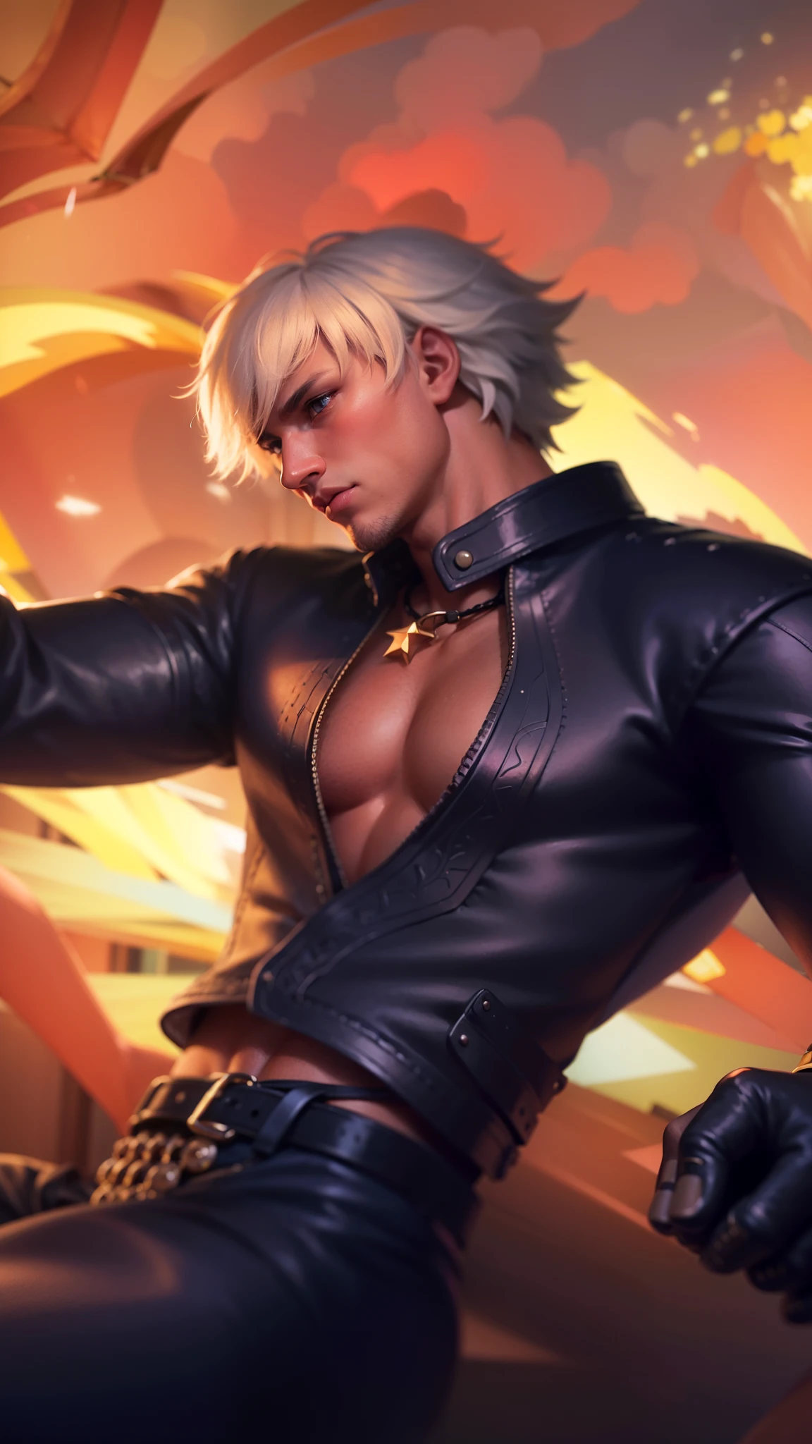 masculine male, masterpiece, ((perfect eyes)) best quality, (semirealism:1.9), beautiful lighting, (extremely detailed CG unity 4k fhd wallpaper), High Detail, Sharp focus, dramatic outdoors, 1 boy ,19 years old, white short hair, yellow eyes.