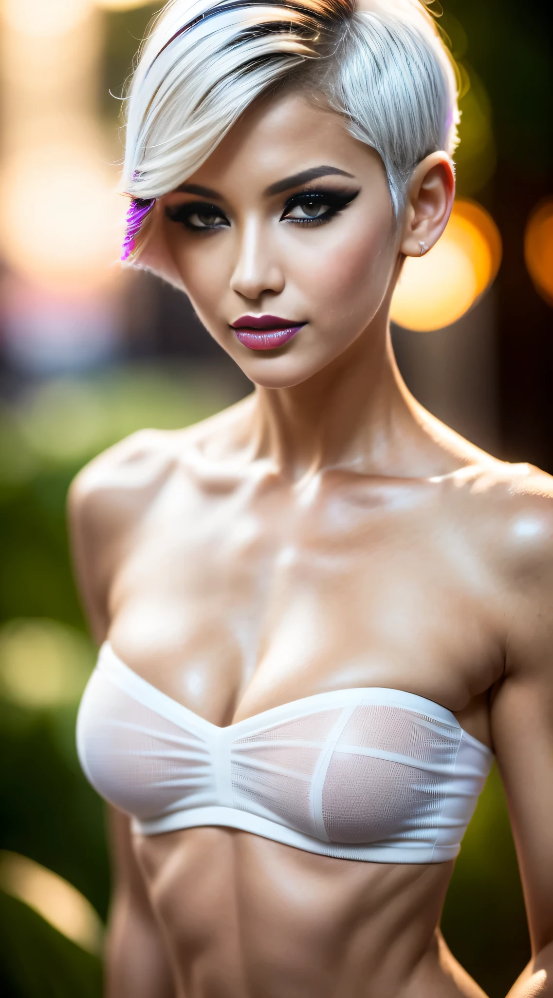 Draw a picture, (photorealistic:1.4), (hyperrealistic:1.4), (realistic:1.3), (smoother ((tropical bar sunset)) lighting:1.0), (increase Fujicolor quality:0.9), (absurd: 1.3), (best quality), (ultra sharp), RAW photo of (phenomenal model, 20 years old), 8K, ((realistic lighting, backlighting, light on face, ray trace)), (brightening light:1.2), (Increase quality:1.4), (best quality real texture skin:1.4), finely detailed eyes, finely detailed face, slim face, finely quality eyes, ((dark_makeup:1.3, [pink lipstick], mascara:1.22)), full breasts:1.6, ((brown_eyes:1.3)), close up of a woman's eye with a digital rendering, ((perfect multicolor_eyeliner:1.22)), iridescent eyes, with professional makeup, vibrant eyes:1.2, ((Glamour, paparazzi taking pictures of her), (very complicated Extravagant street outfit), Wear an off-the-shoulder top, full bodyesbian, ((White short hair:1.44)), Hasselblad, 135mm, f/2.8, 