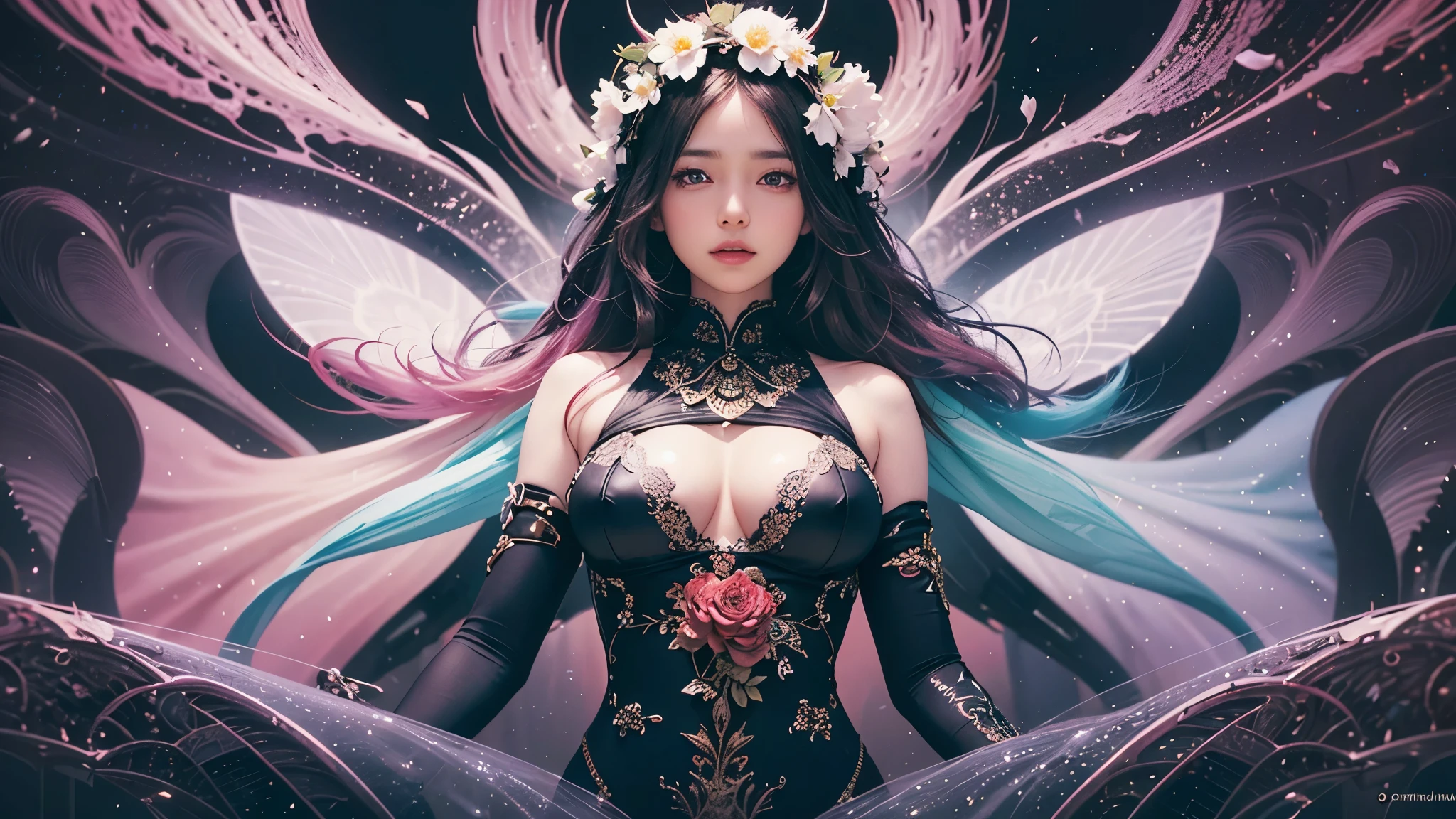 official art, unity 8k wallpaper, ultra detailed, beautiful and aesthetic, SOLO, 1 girl, masterpiece, best quality, (zentangle, mandala, tangle, entangle), (ecstasy of flower:1.2), dynamic angle, cowboyshot, the most beautiful form of chaos, elegant, a brutalist designed, vivid colours, romanticism, atmospheric