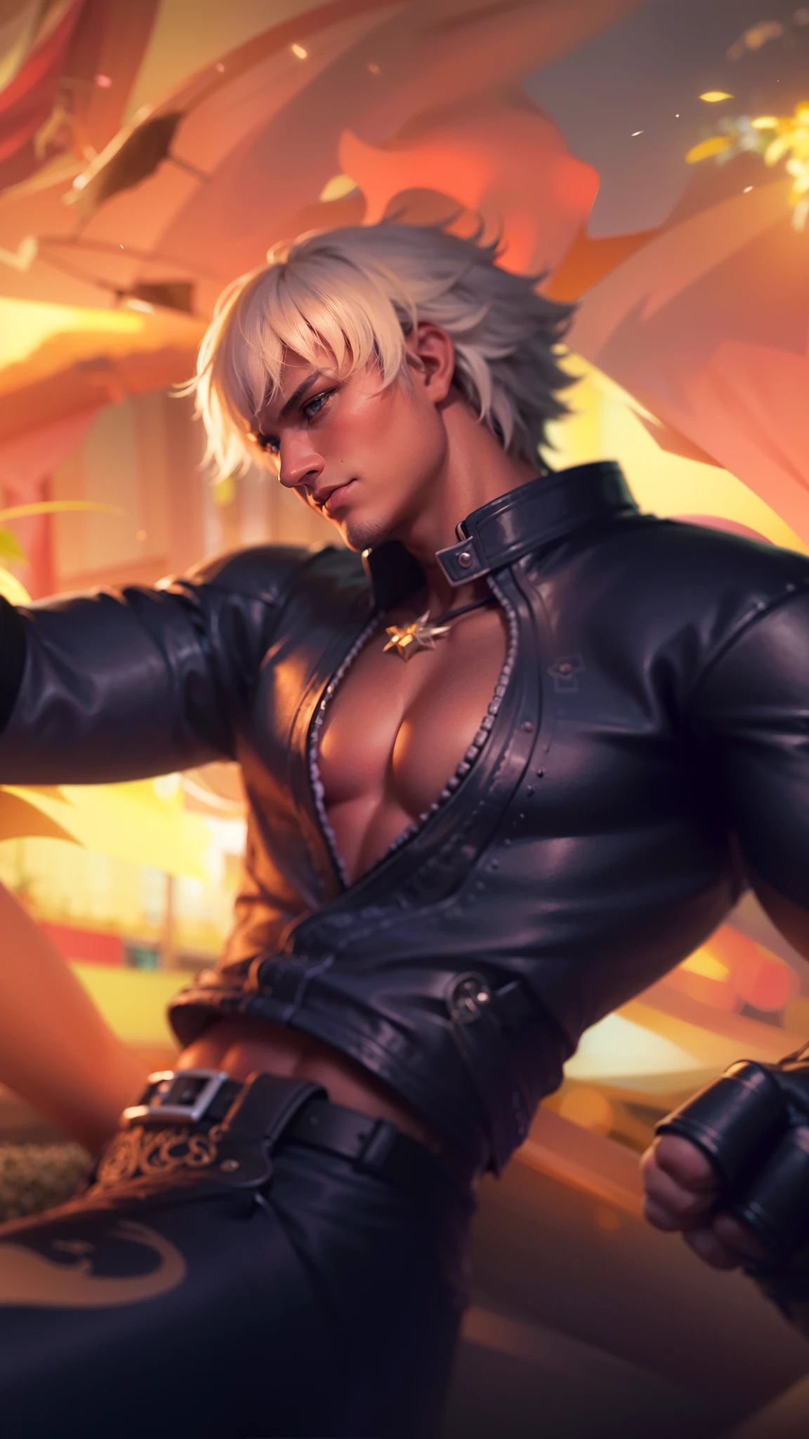 masculine male, masterpiece, ((perfect eyes)) best quality, (semirealism:1.9), beautiful lighting, (extremely detailed CG unity 4k fhd wallpaper), High Detail, Sharp focus, dramatic outdoors, 1 boy ,19 years old, white short hair, yellow eyes.