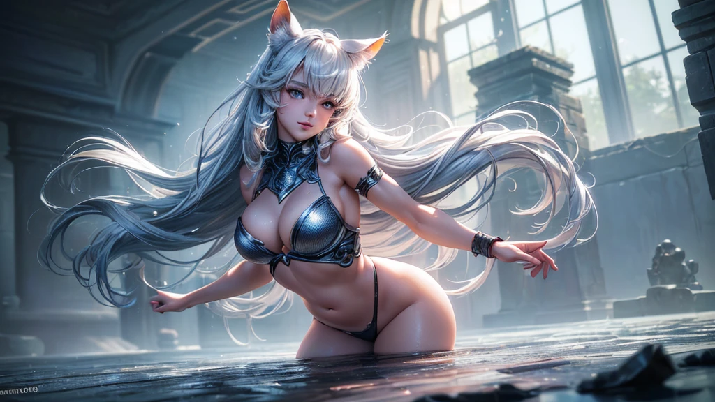 (Cinematic footage, full medium closeup, gorgeous 18-year-old kemonomimi woman soft pale skin, cute and youthful face, well-defined eyebrows, delicate nose, ultra-detailed: 1.1, photo-realistic: 1.4, depth of field, cinematic lighting, IMAX camera, HDR, DTM, Full HD, 8k, flared, medium breasts: 1.5, slim, smile, standing, 8K picture quality, sexy seduction, 4k, 8k, highres, best quality, plump and round lips: 1.4, realistic: 1.37 long, flowing: 1.1 luscious, plump: 1.1 sparkling sequins: 1.1 subtle, 0.9 soft, warm: 1.1 masterpiece: 1.2, realistic: 1.4, photo-realistic: 1.37, ultra-detailed: 1.1 busty animal ears, beautiful, detailed ears: 1.1 best quality, 4k, highres, masterpiece: 1.2 detailed, piercing eyes: 1.1 masterpiece: 1.2 very three-dimensional: 1.2, Unreal Engine 5, octane render), (beautiful ultra-detailed face, eyes, highly detail skin texture, high detailed skin, ultra-detailed body, bright and glowing skin: 1.1)
(Physical Rendering, Professional Lighting, Photon Mapping, Radiosity, Soft Light, Lens Reflection: 1.3)
(best shadow)
(3D: 0.5, realistic: 0.5, photo-realistic: 1.4)
(Sharp focus: 1.5)
(beautiful face, perfect face: 1.1)
(eye makeup: 1.2)
(tight body, fitness body: 1.2)
(highest quality)
(8k, best quality, masterpiece: 1.3)
((masterpiece, best))
(best illustration)
(high detail: 1.1)
(detailed Dungeons & Dragons realm background: 1.3)
