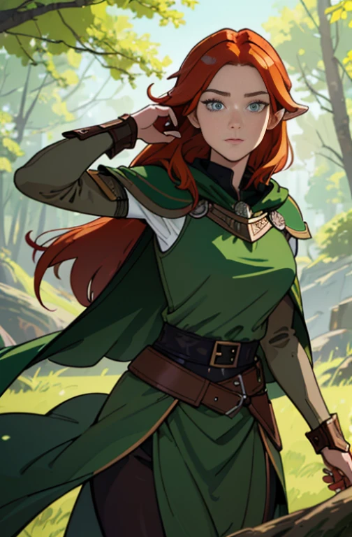 (masterpiece, best_quality, ultra-detailed, immaculate: 1.3), epic, illustration, wood elf scout, fantasy leather armor, green cloak, auburn hair, ((auburn colored hair)), very long, bright eyes, symmetrical eyes, in a lush spring forest, bombshell hair, hair blowing in wind, cute determined expression, dense forest