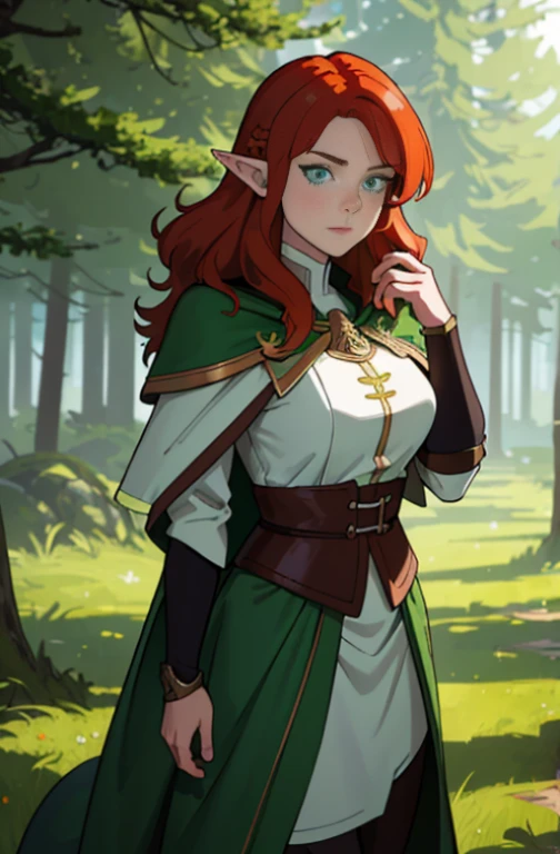 (masterpiece, best_quality, ultra-detailed, immaculate: 1.3), epic, illustration, wood elf scout, fantasy leather armor, green cloak, auburn hair, ((auburn colored hair)), very long, bright eyes, symmetrical eyes, in a lush spring forest, bombshell hair, hair blowing in wind, cute determined expression, dense forest