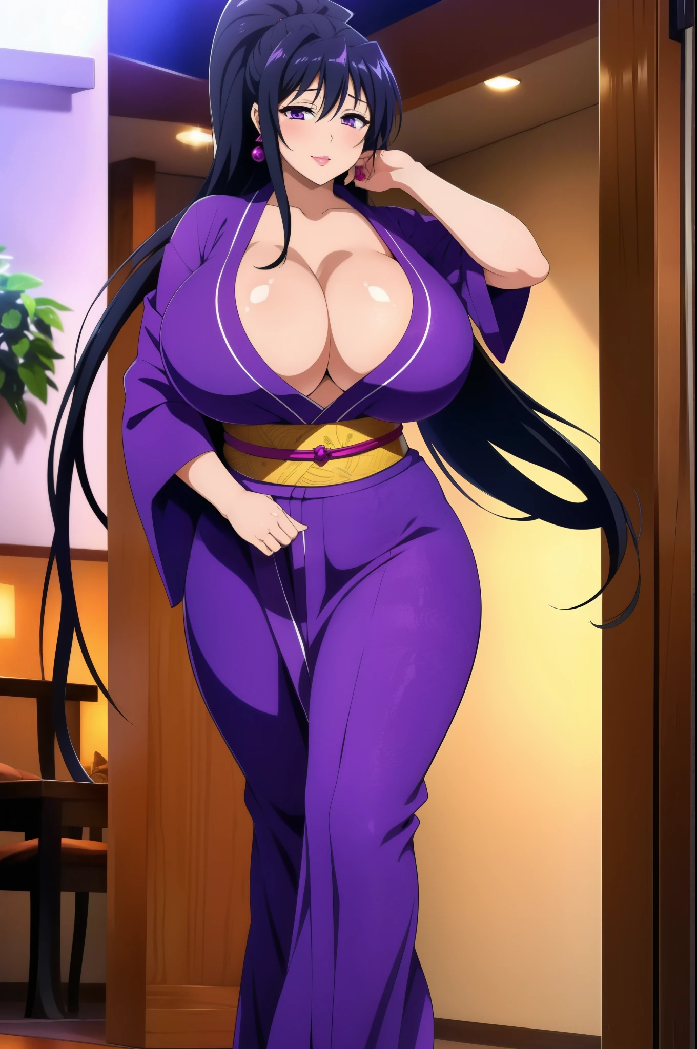 Masterpiece, high resolution, beautiful detailed face, Akeno Himejima, 1girl, (((bimbo))), long black hair, purple eyes, ear rings, (((bimbo))), puffy lips, painted lips, erotic smile face, sexy face, thick lips, wide hips, thick thighs, thick hourglass figure, huge round ass, enormous natural breasts, deep v bust, shiny oily breasts, purple yukata, tall, revealing cleavage, walking, bouncing breasts,