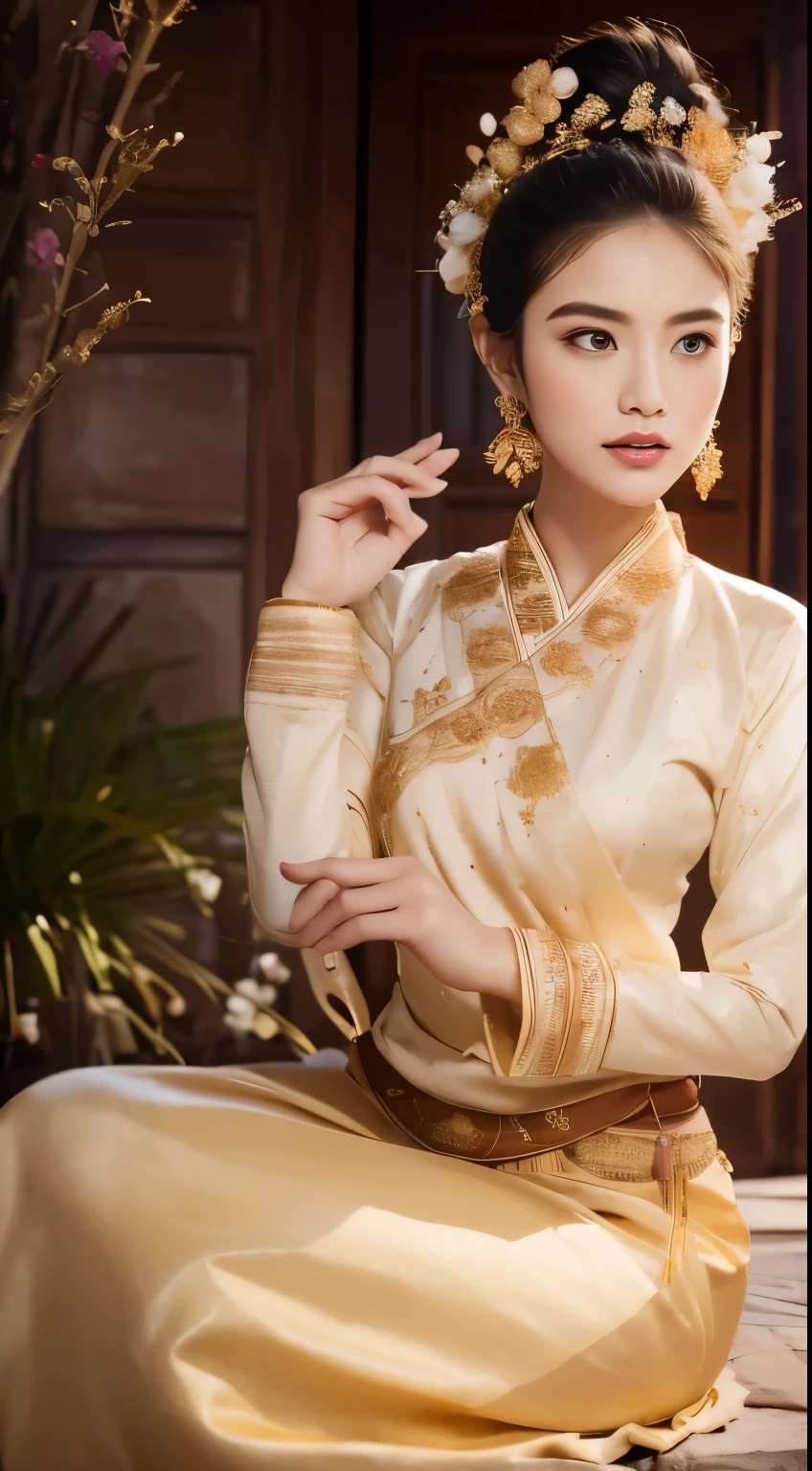 A beautiful young woman of Tai Khun descent, adorned in a meticulously crafted Keng Tong Tai Khun traditional outfit, stands gracefully against the backdrop of the majestic Bagan temples. Her attire shimmers with intricate embroidery and gold accents, each element carefully chosen to reflect the rich cultural heritage of her people.

Details:

Facial features: The woman's face is radiant and youthful, with delicate features and captivating eyes that sparkle with warmth and intelligence. Her hair is styled in a messy bun adorned with fresh flowers and secured with a gold pin, adding a touch of elegance and whimsy.
Traditional outfit: The Keng Tong Tai Khun outfit is a masterpiece of craftsmanship, featuring vibrant silks, intricate embroidery, and delicate gold embellishments. The long, flowing skirt cascades gracefully around her legs, while the fitted bodice accentuates her slender figure. A traditional headdress adds a regal touch to her ensemble.
Accessories: The woman's beauty is further enhanced by a dazzling array of traditional jewelry. Bangle bracelets encircle her wrists, a statement necklace adorns her neck, and delicate earrings dangle from her ears. Each piece is intricately crafted and adds a touch of luxury to her overall look.
Bagan temples background: The ancient Bagan temples provide a breathtaking backdrop for the portrait. Their weathered brickwork and towering spires add a touch of grandeur and mystery to the scene. The warm hues of the sunrise or sunset bathe the temples in a golden glow, creating a truly magical atmosphere.