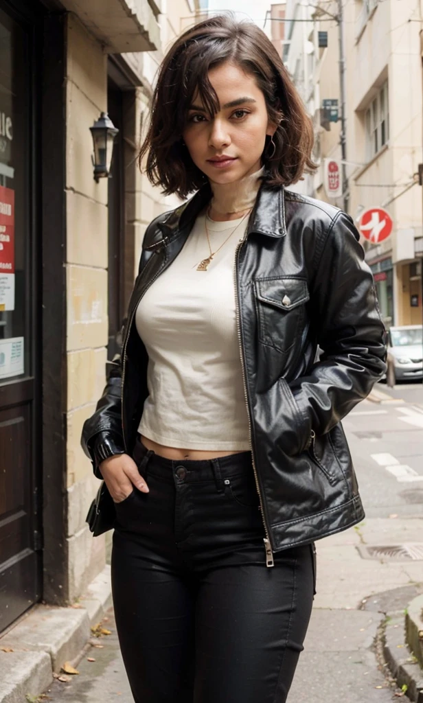 hay una mujer con una chaqueta negra y pantalones negros posando, dressed in short cuero jacket, she wears cuero jacket, dressed in cuero jacket, wearing cuero jacket, wearing a cuero jacket, in an old 1950s cuero jacket, dressed in biker cuero, wearing a full cuero outfit, pose satisfecha, traje ajustado, wearing cuero, cuero, cuero jacket