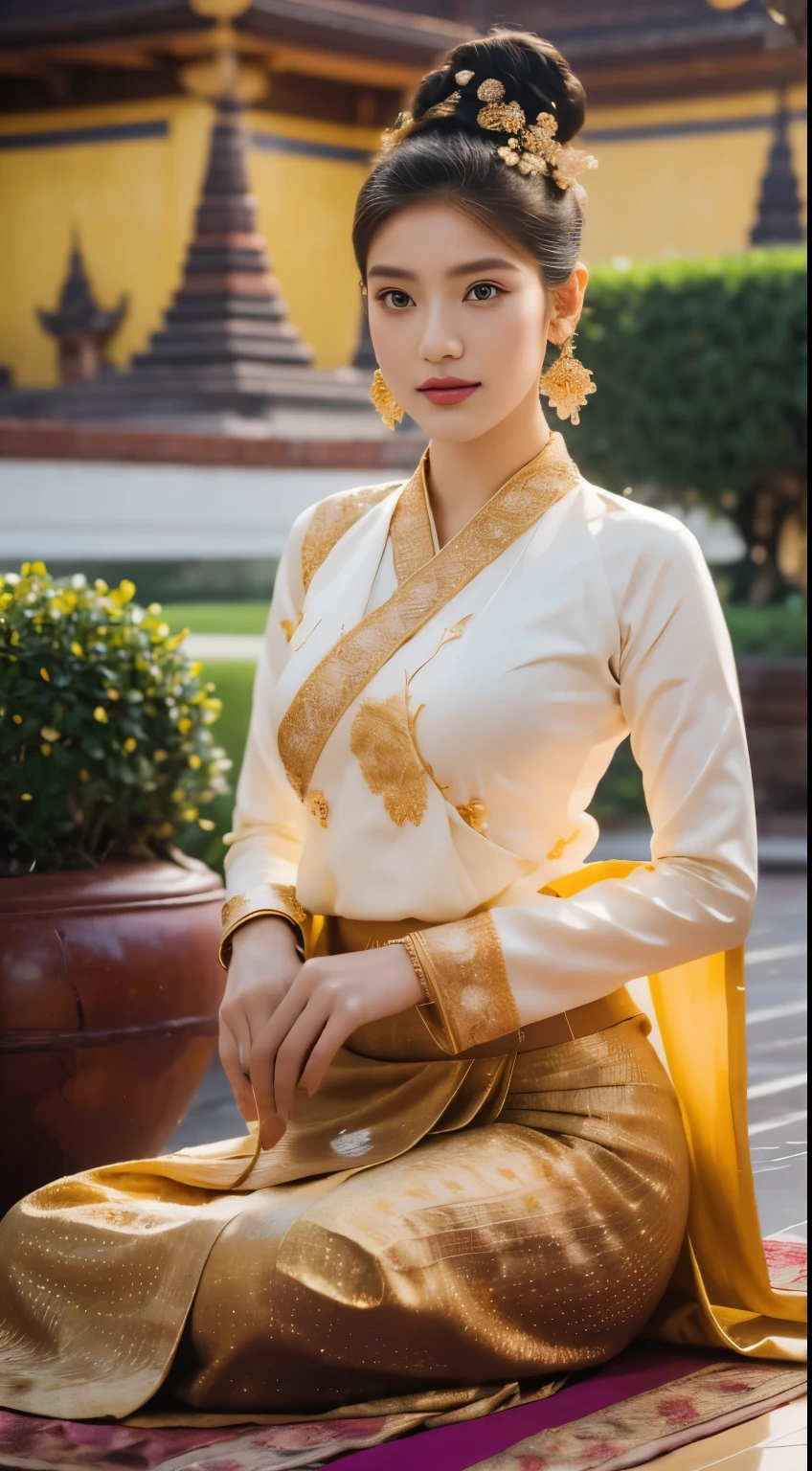 A beautiful young woman of Tai Khun descent, adorned in a meticulously crafted Keng Tong Tai Khun traditional outfit, stands gracefully against the backdrop of the majestic Bagan temples. Her attire shimmers with intricate embroidery and gold accents, each element carefully chosen to reflect the rich cultural heritage of her people.

Details:

Facial features: The woman's face is radiant and youthful, with delicate features and captivating eyes that sparkle with warmth and intelligence. Her hair is styled in a messy bun adorned with fresh flowers and secured with a gold pin, adding a touch of elegance and whimsy.
Traditional outfit: The Keng Tong Tai Khun outfit is a masterpiece of craftsmanship, featuring vibrant silks, intricate embroidery, and delicate gold embellishments. The long, flowing skirt cascades gracefully around her legs, while the fitted bodice accentuates her slender figure. A traditional headdress adds a regal touch to her ensemble.
Accessories: The woman's beauty is further enhanced by a dazzling array of traditional jewelry. Bangle bracelets encircle her wrists, a statement necklace adorns her neck, and delicate earrings dangle from her ears. Each piece is intricately crafted and adds a touch of luxury to her overall look.
Bagan temples background: The ancient Bagan temples provide a breathtaking backdrop for the portrait. Their weathered brickwork and towering spires add a touch of grandeur and mystery to the scene. The warm hues of the sunrise or sunset bathe the temples in a golden glow, creating a truly magical atmosphere.