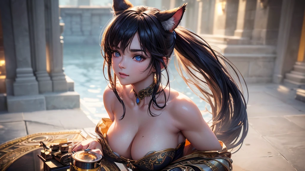 (Cinematic footage, full medium closeup, gorgeous 18-year-old kemonomimi woman soft pale skin, cute and youthful face, well-defined eyebrows, delicate nose, ultra-detailed: 1.1, photo-realistic: 1.4, depth of field, cinematic lighting, IMAX camera, HDR, DTM, Full HD, 8k, flared, medium breasts: 1.5, slim, smile, standing, 8K picture quality, sexy seduction, 4k, 8k, highres, best quality, plump and round lips: 1.4, realistic: 1.37 long, flowing: 1.1 luscious, plump: 1.1 sparkling sequins: 1.1 subtle, 0.9 soft, warm: 1.1 masterpiece: 1.2, realistic: 1.4, photo-realistic: 1.37, ultra-detailed: 1.1 busty animal ears, beautiful, detailed ears: 1.1 best quality, 4k, highres, masterpiece: 1.2 detailed, piercing eyes: 1.1 masterpiece: 1.2 very three-dimensional: 1.2, Unreal Engine 5, octane render), (beautiful ultra-detailed face, eyes, highly detail skin texture, high detailed skin, ultra-detailed body, bright and glowing skin: 1.1)
(Physical Rendering, Professional Lighting, Photon Mapping, Radiosity, Soft Light, Lens Reflection: 1.3)
(best shadow)
(3D: 0.5, realistic: 0.5, photo-realistic: 1.4)
(Sharp focus: 1.5)
(beautiful face, perfect face: 1.1)
(eye makeup: 1.2)
(tight body, fitness body: 1.2)
(highest quality)
(8k, best quality, masterpiece: 1.3)
((masterpiece, best))
(best illustration)
(high detail: 1.1)
(detailed Dungeons & Dragons realm background: 1.3)