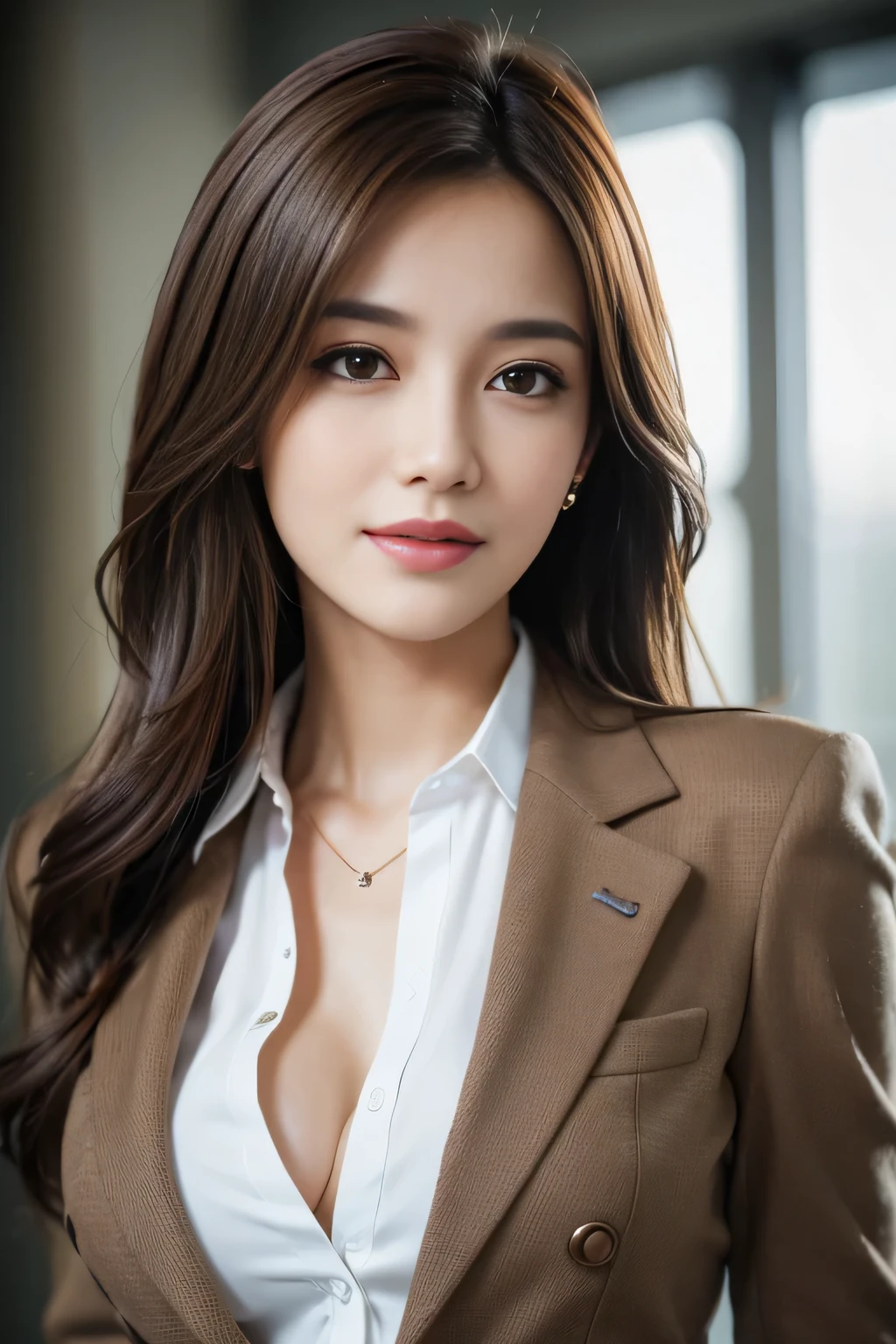 table top, highest quality, realistic, Super detailed, finely, High resolution, 8k wallpaper, 1 beautiful woman,, light brown messy hair, wearing a business suit, sharp focus, perfect dynamic composition, beautiful and detailed eyes, thin hair, Detailed realistic skin texture, smile, close-up portrait, model body shape