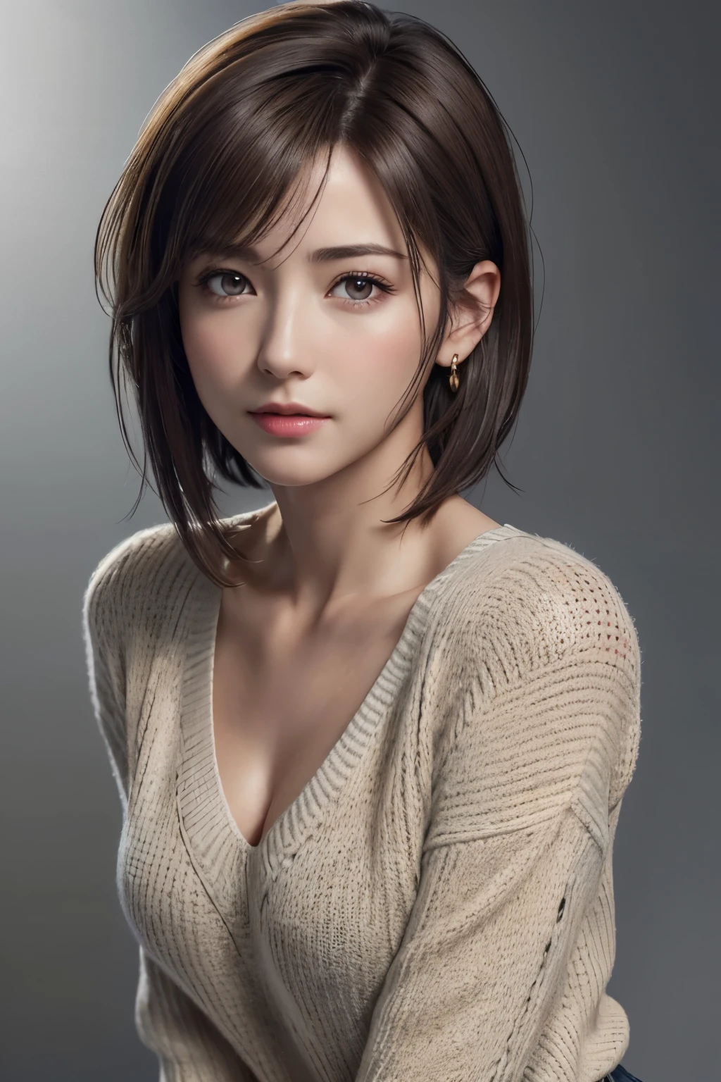 (Representative Works: 1.3), (8k, photorealistic, raw photos, Highest image quality: 1.4), (30 years old mature woman),small face, beautiful face, (realistic face),no makeup、natural makeup、light makeup、 (Dark brown, short hair: 1.3), beautiful hairstyle, realistic eyes, beautiful detailed eyes, (Photorealistic skin), beautiful skin, (sweater),small chest、Bust B Cup、 disorganized, Charm, 超High definition, Super realistic, High definition, golden ratio, FF Tifa、Gray background、