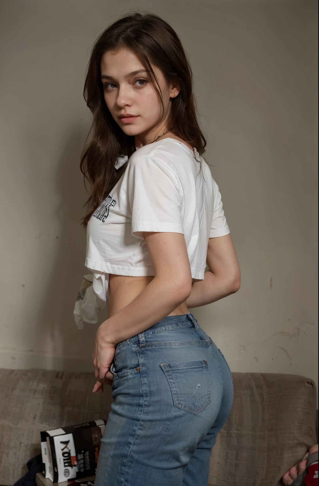 girl inside, lying on the couch, full body visible, very beautiful, brown hair, wearing oversized jean, white tshirt, realistic face, detailed eyes, freckles, looking to the side, photo made by iphone 8