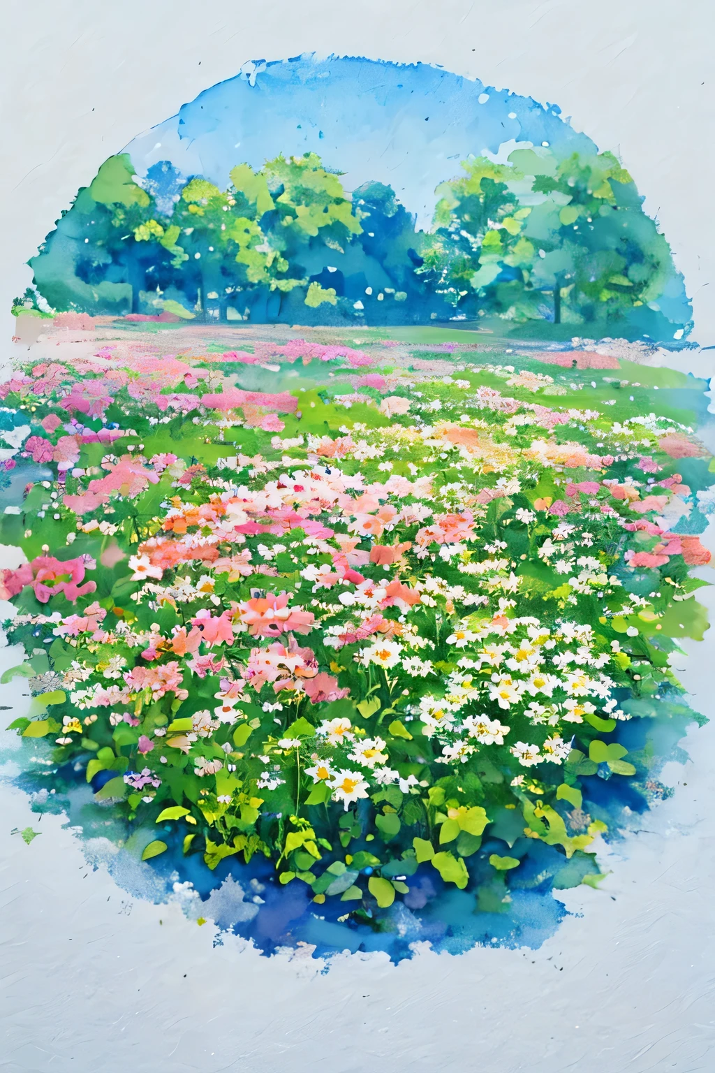 watercolor painting, pale colour, english daisy, round pink flowers