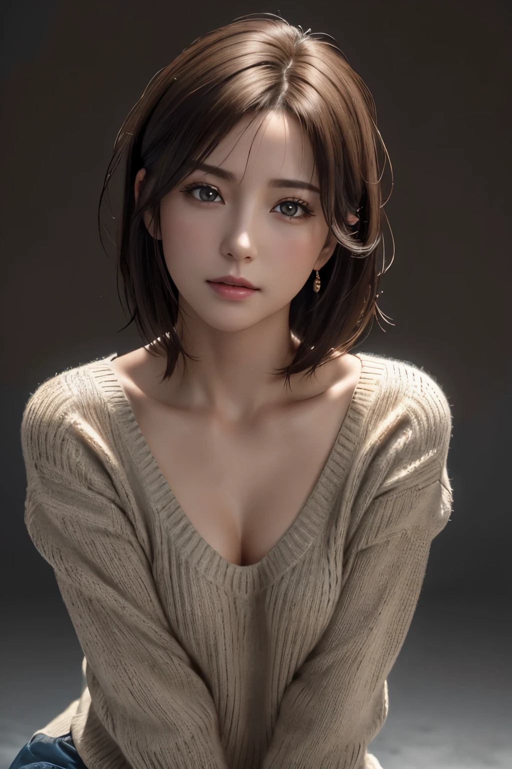 (Representative Works: 1.3), (8k, photorealistic, raw photos, Highest image quality: 1.4), (30 years old mature woman),small face, beautiful face, (realistic face),no makeup、natural makeup、light makeup、 (Dark brown, short hair: 1.3), beautiful hairstyle, realistic eyes, beautiful detailed eyes, (Photorealistic skin), beautiful skin, (sweater),small chest、Bust B Cup、 disorganized, Charm, 超High definition, Super realistic, High definition, golden ratio, FF Tifa、Gray background、