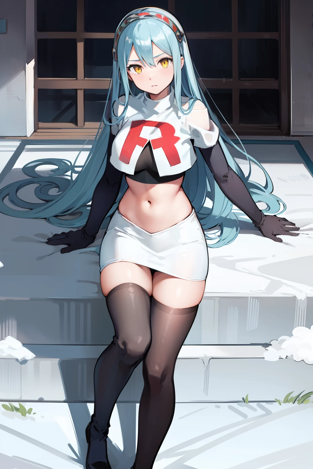 def_azura, yellow eyes ,1girl,team rocket,team rocket uniform, red letter R, white skirt,white crop top,black thigh-highs ,black elbow gloves,