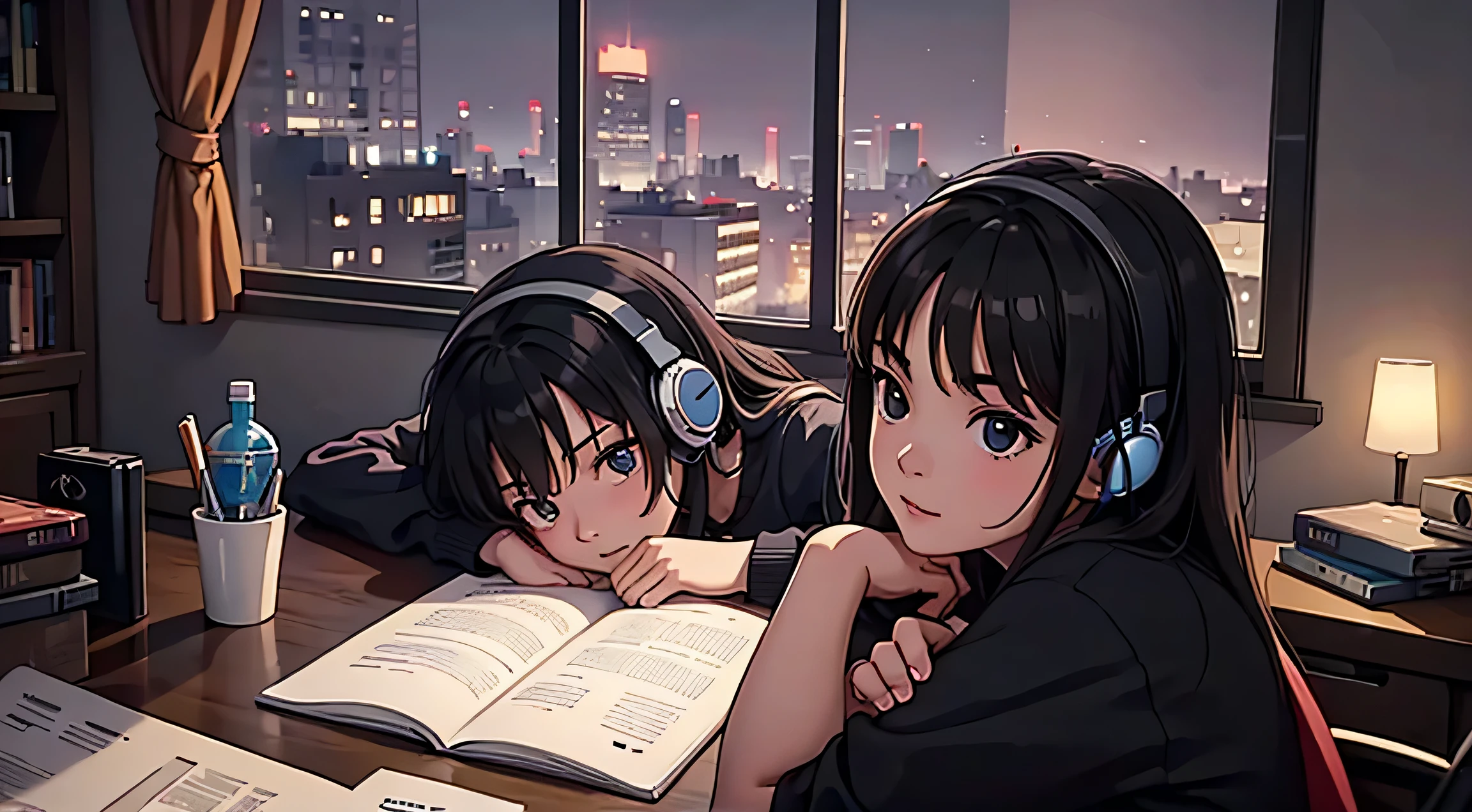 Jovem, sentado em sua mesa, usando fones de ouvido para jogos, em seu quarto, estudo, ao lado de uma janela, Quarto mal iluminado, it's night, high detail content, 8k, Estilo Lofi