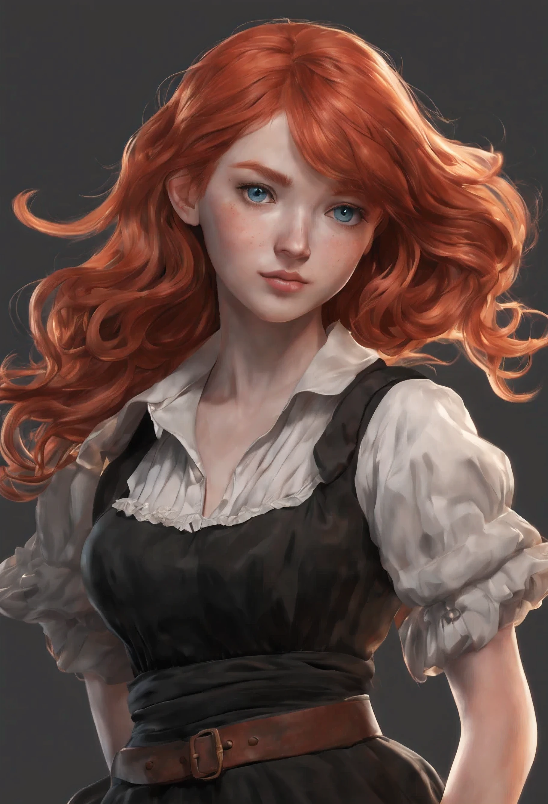 red-haired girl, 16 years, short, Blue eyes, anime style character, many facial expressions and poses, Body link, list of characters, black T-shirt, black vintage dress, (Cinematic), ((8K)). (Art station trend), Sharp Focus, Studio shooting, complex part, high detail,