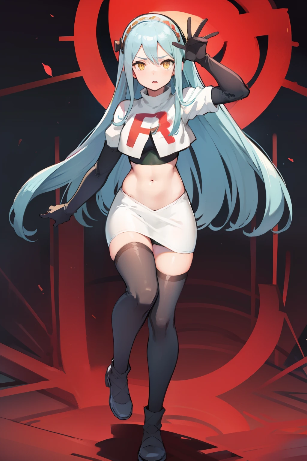 def_azura, yellow eyes ,1girl,team rocket,team rocket uniform, red letter R, white skirt,white crop top,black thigh-highs ,black elbow gloves,