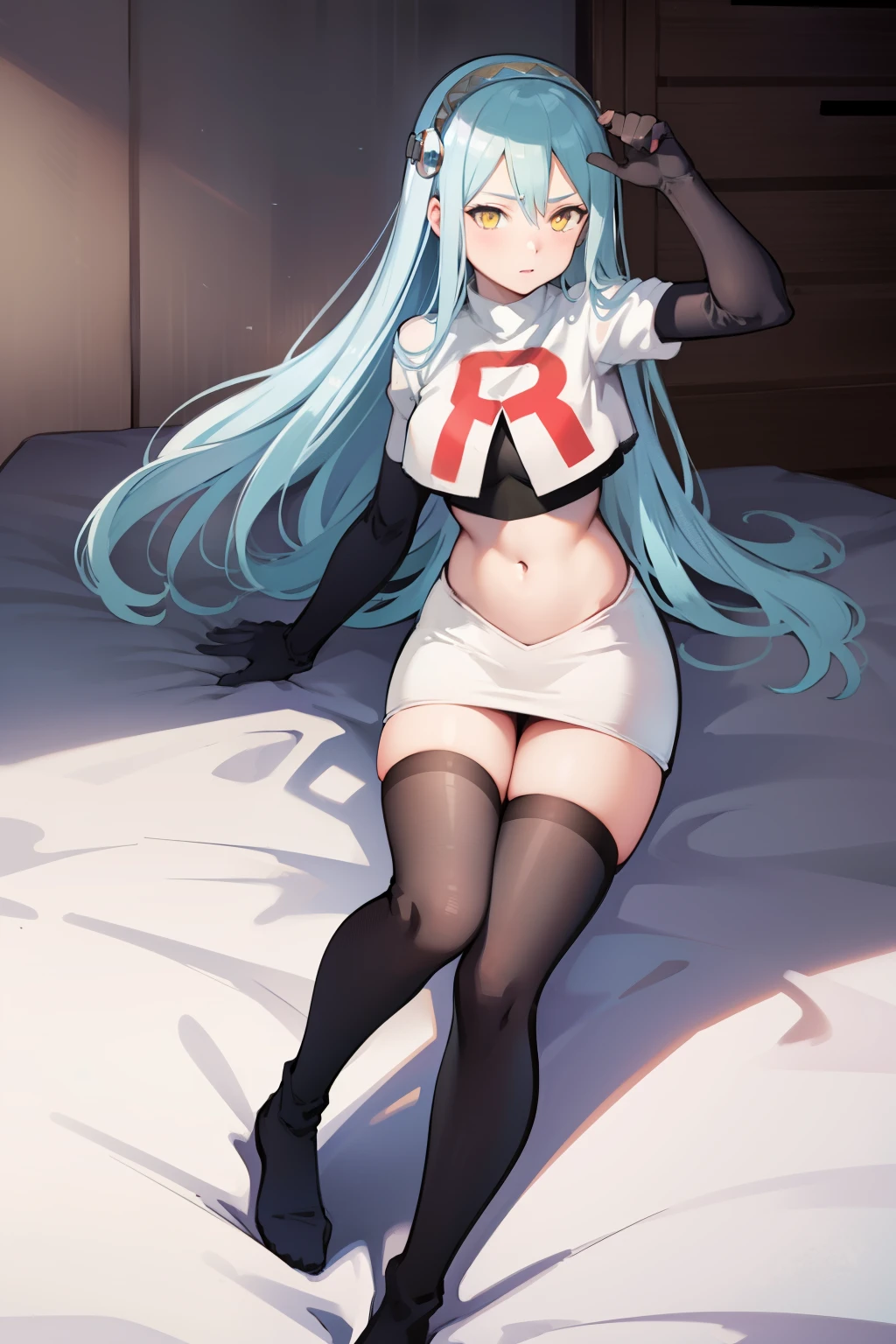 def_azura, yellow eyes ,1girl,team rocket,team rocket uniform, red letter R, white skirt,white crop top,black thigh-highs ,black elbow gloves,