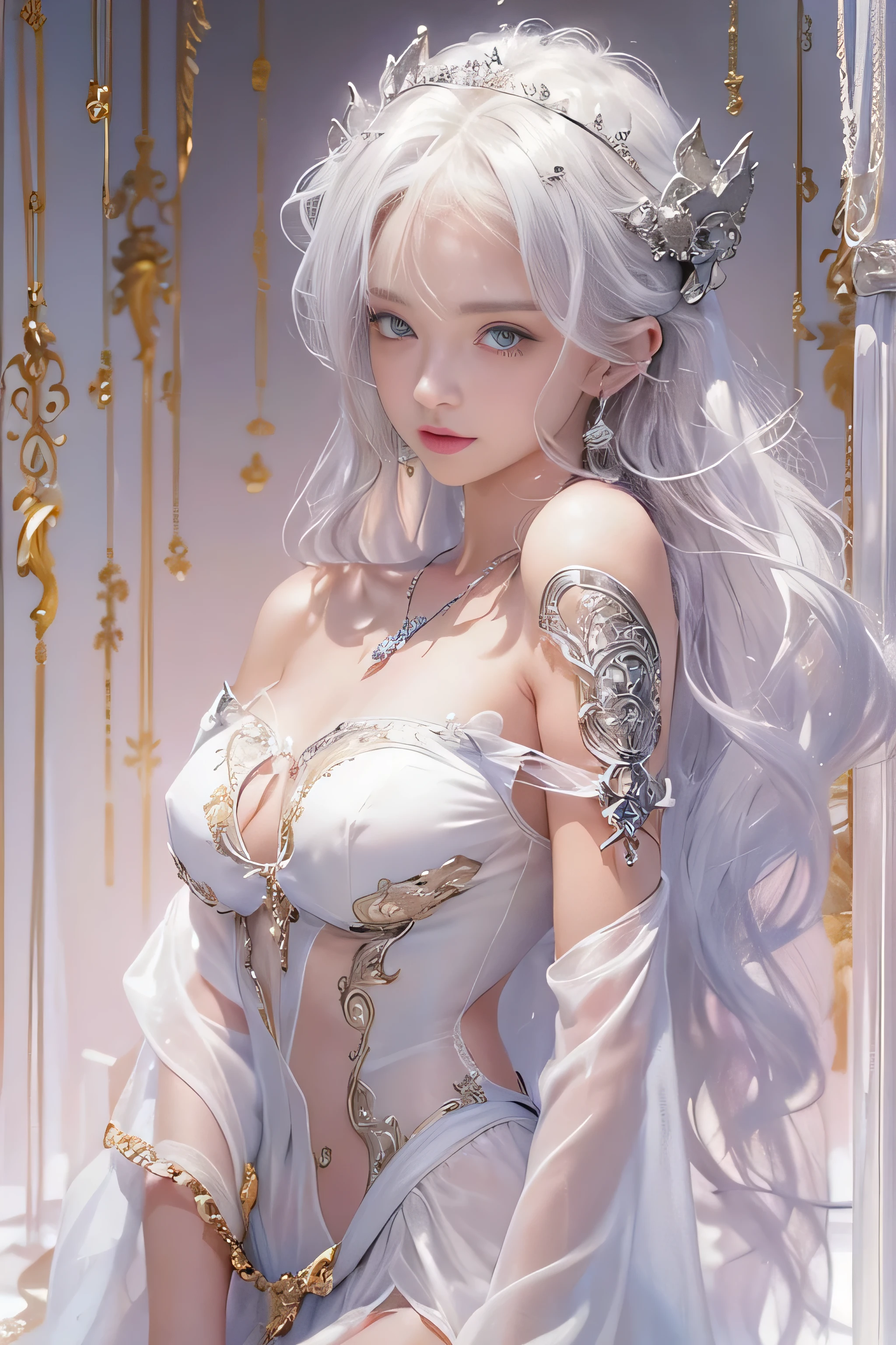((masterpiece:1.4)、(highest quality:1.4)、(realistic:1.7))、Written by Luis Royo(Written by Luis Royo)Surreal portrait of a beautiful girl、super beautiful girl、((1 girl:1.4))、Radiant natural skin texture、(The Queen's Gorgeous Costume)、((Sheer off-the-shoulder white one-piece mini skirt type:1.4))、((Panty shot)),authority luis royo(Written by Luis Royo)、19 years old、(upper arm:1.4、two legs:1.4)、(perfect anatomy:1.4)、(perfect female body:1.4)、girl portrait、close、upper body shot、fantasy art、soft front light、beautiful expression、cute face beautiful、big and full breasts:1.2、beautiful butt、fine eyes、Clearly eye-catching, beautiful and attractive、beautiful eyes、tight waist、born、red rift、Arrange your long hair as cool as a queen、(tiara crown:1.4、チョーカーnecklace:1.4、necklace:1.4、ear nipple rings:1.4)、1 screen display、((Woman crawling on all fours on a silk bed)),((Translucent off-shoulder white dress))、((laughter)),((Rear view))、((look back))、((You can see her white thong pants)),(()),