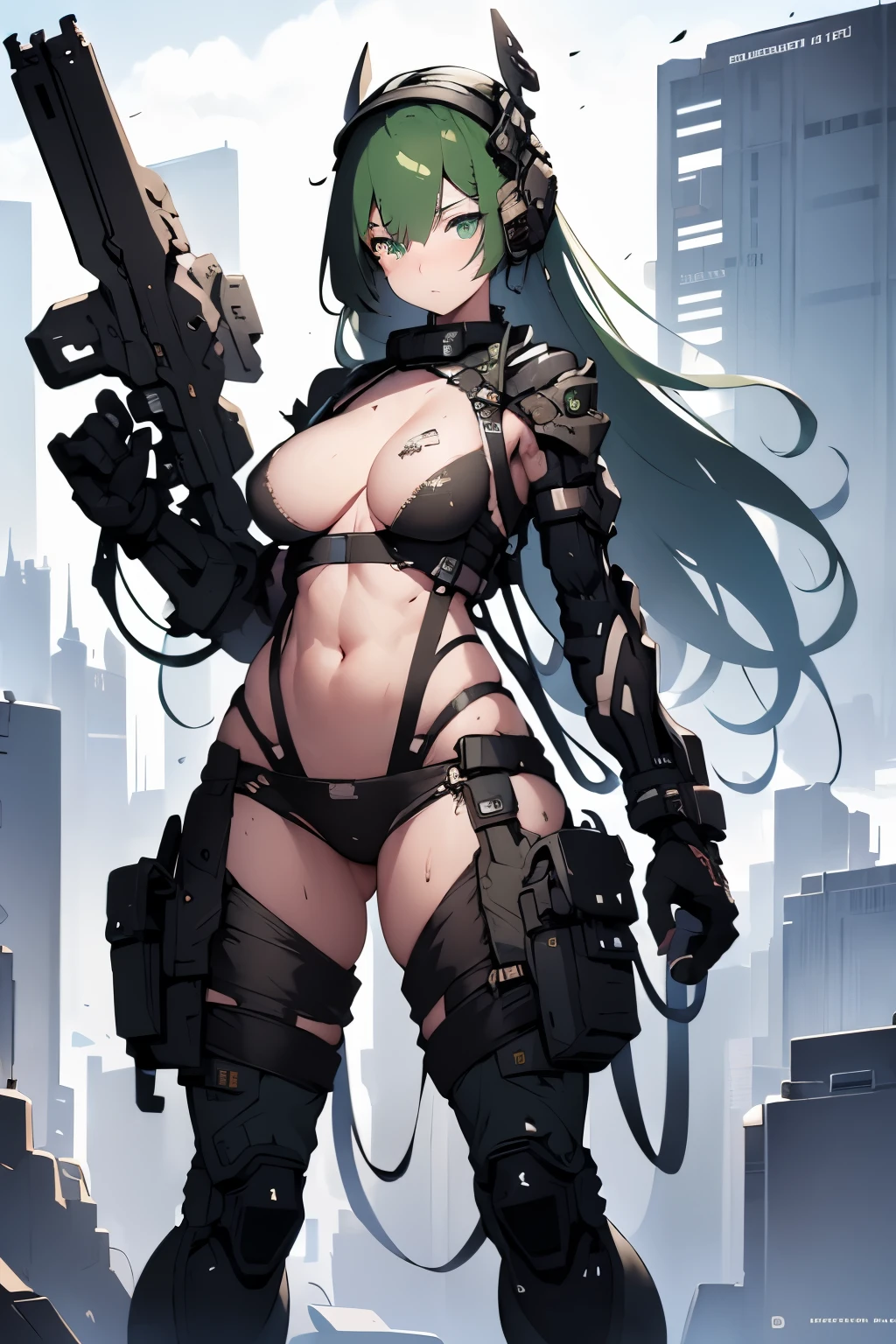 Beautiful female soldier in a green uniform holding a gun, tattered military gear, mechanized soldier girl, oversized mechanical exoskeleton arms and legs, inspired by Masamune Shirow, girl in mecha armor, mechanized valkyrie girl, cushart kenz, infantry girl, Bare Skin, Athletic Well Toned Body, sweaty skin, Barely Clothed, cammo patterns, Beautiful Face, dieselpunk Theme, Fiverr Dnd Character, Octane Render, Digital Art, Extreme Detail, 4k, Ultra Hd, Polished, Beautiful, Hyperdetailed, Intricate, Elaborate, Meticulous, Photorealistic, Sharp Focus, Wlop, Character Design, Unreal Engine, 3d Rendered, Volumetric Lighting, Reflections, Glossy, Digital Illustration, Pose, Suggestive Pose, Lewd, Full Body Shot, naked, nude, uncovered breasts, exposed breasts, exposed crotch, vissible nipples, puffy vagina, anatomically correct 💖❤💕💋