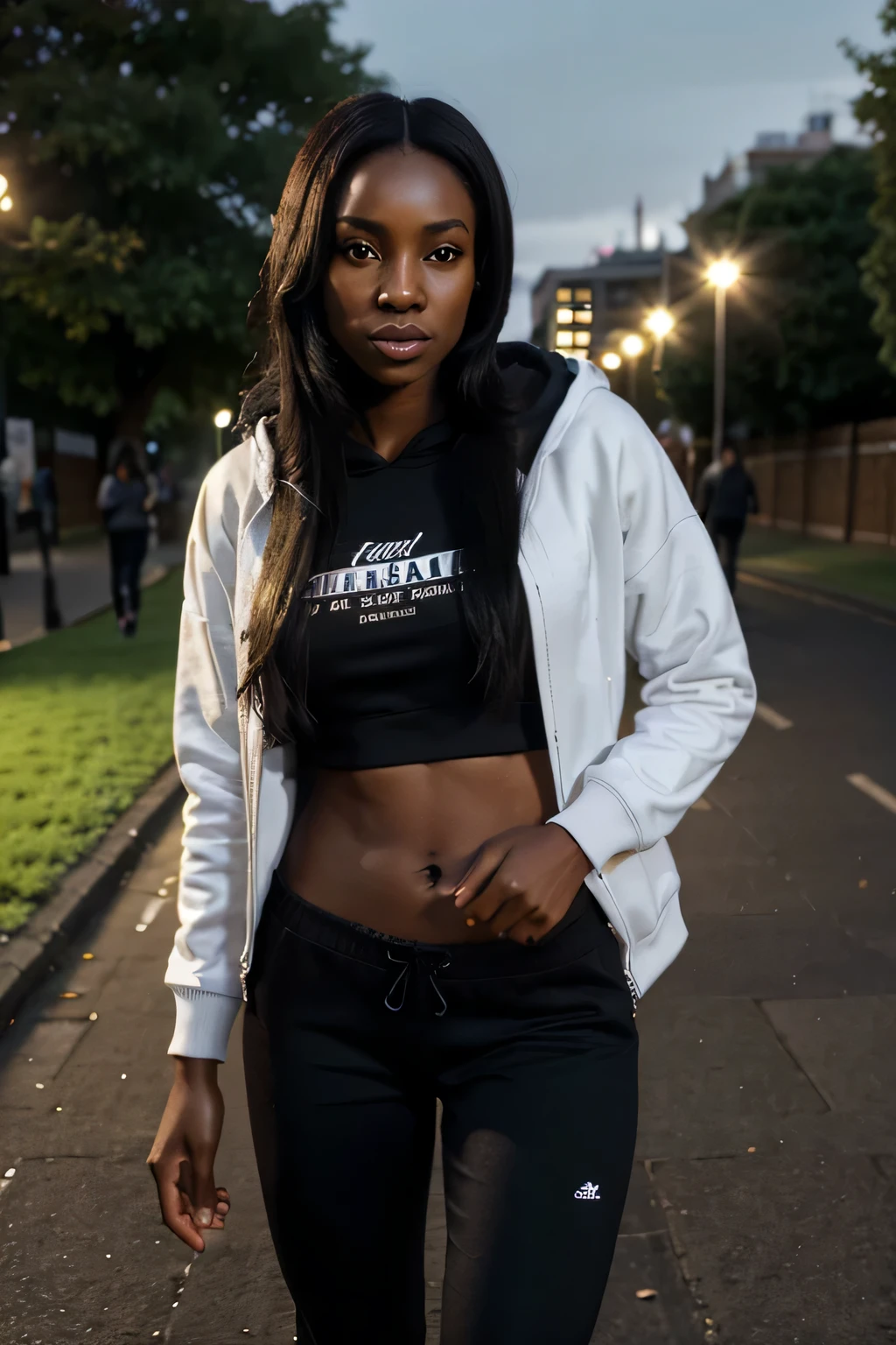 a young African influencer aged 40 with straight long black hair a radiant dark complexion ,wearing plain jogging bottom and hoodie clothing , highlighting her slightly slender African curves and with the face of an angel, running in london park , night time
