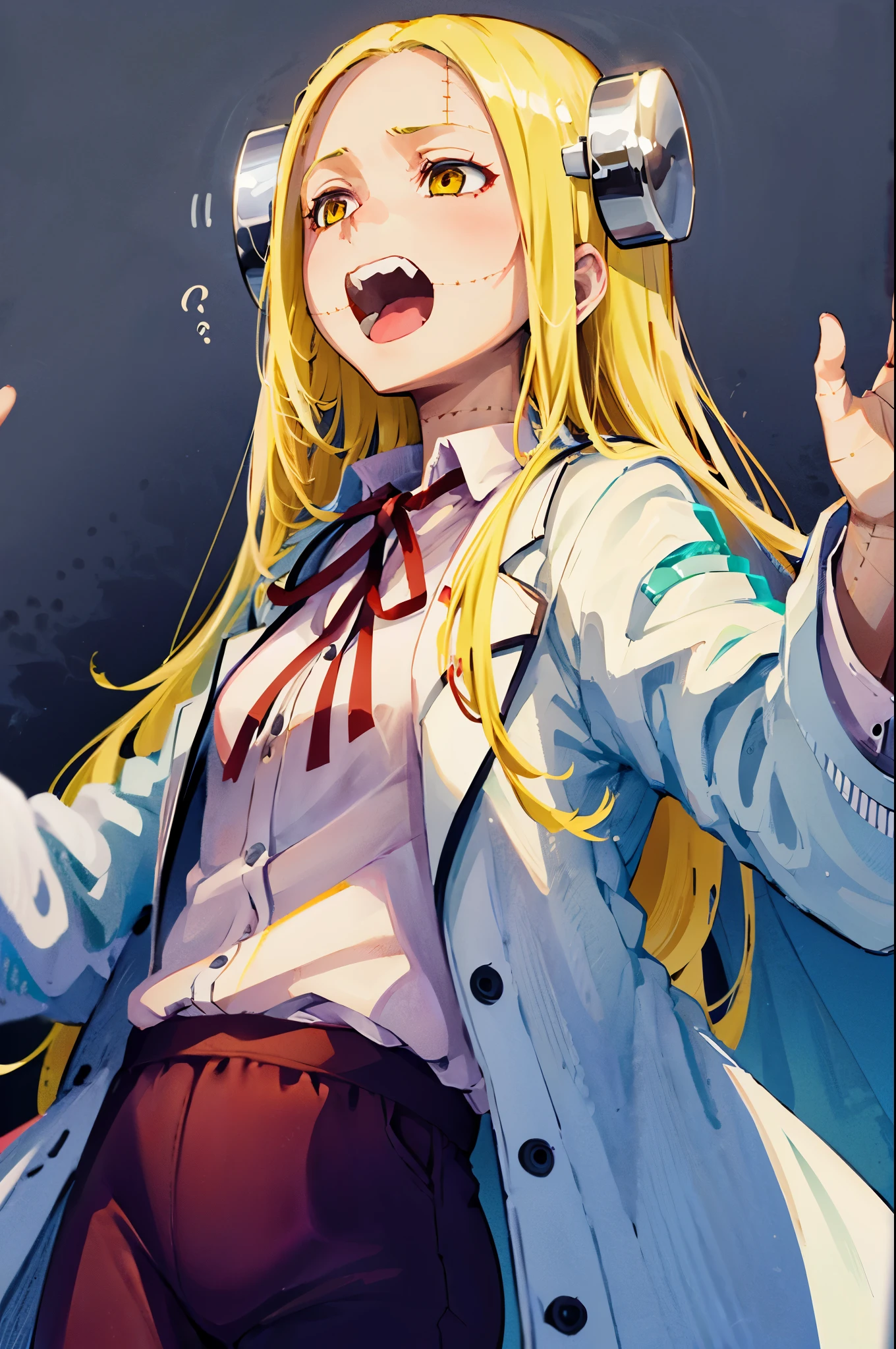 Madaraki_Fran,young woman,((((wearing a white lab coat)))),((screams)),long hair,gesticulates confidently,yellow hair,seams,Scars on the body,(very angry),speaks to a person,(((hysterics))),sharp teeth