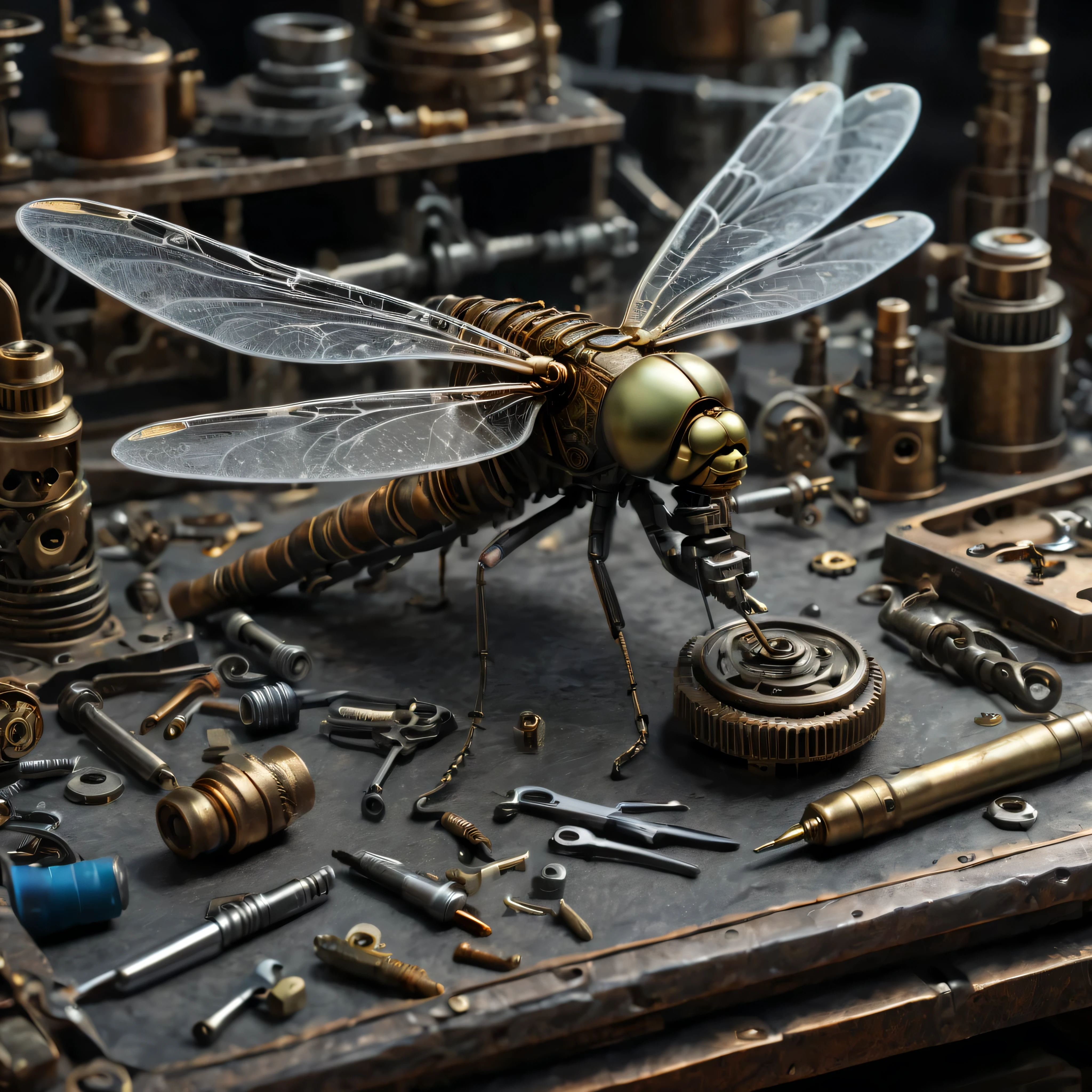 golden dragonfly, automaton, workbench, tools, little hammers, screwdrivers, pliers, screws, springs, gizmos, (best quality,4k,8k,highres,masterpiece:1.2), ultra-detailed, (realistic,photorealistic,photo-realistic:1.37), metal surfaces, intricate mechanisms, fine craftsmanship, antique aesthetic, steampunk style, warm tones, gentle diffused lighting