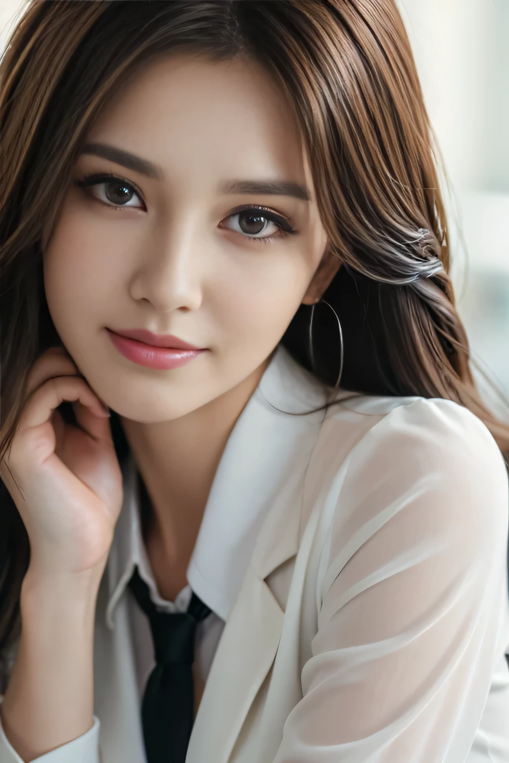 table top, highest quality, realistic, Super detailed, finely, High resolution, 8k wallpaper, 1 beautiful woman,, light brown messy hair, wearing a business suit, sharp focus, perfect dynamic composition, beautiful and detailed eyes, thin hair, Detailed realistic skin texture, smile, close-up portrait, model body shape