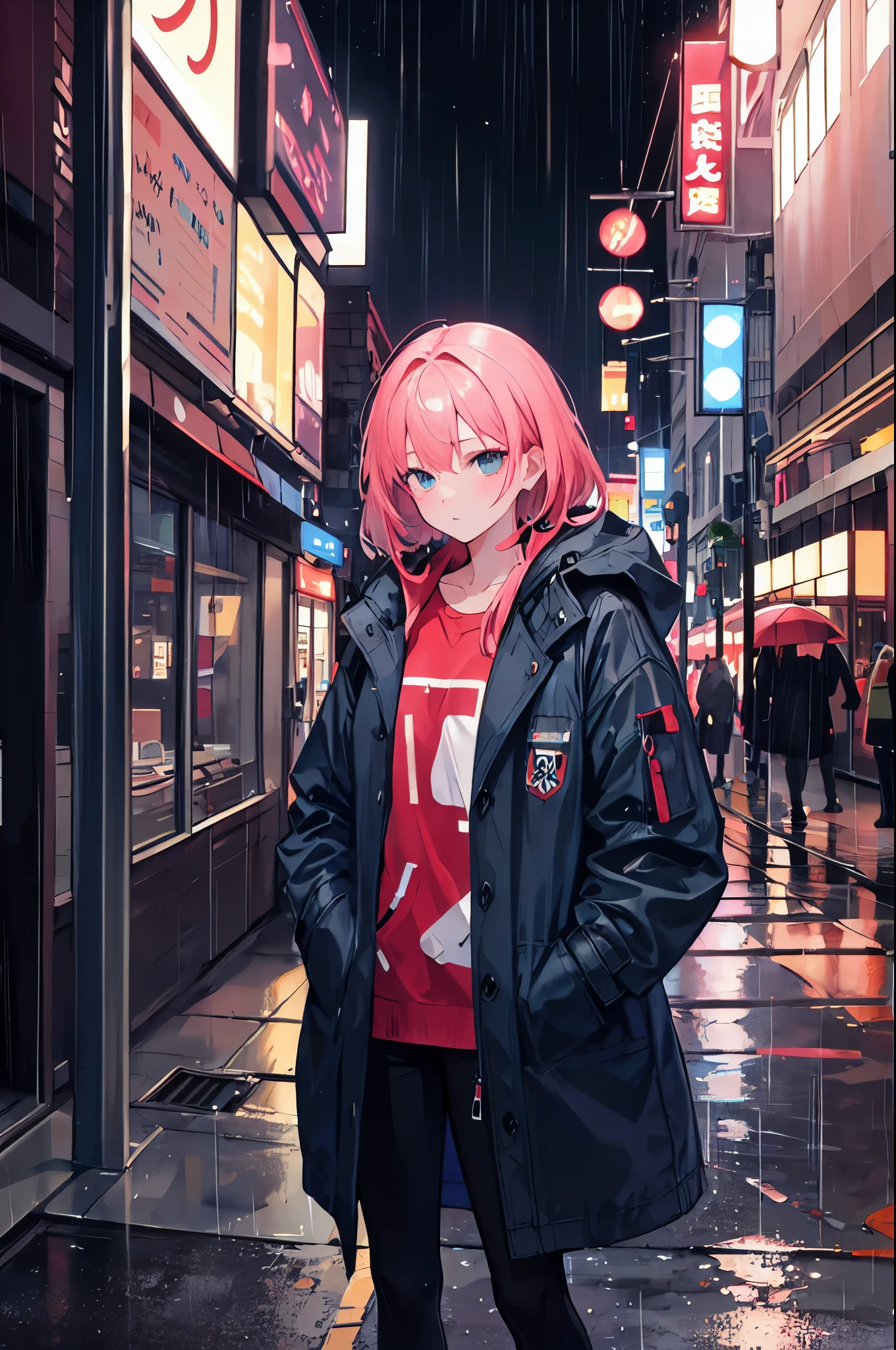 1girl, night seul city, rain, coat, hands in pockets, best quality, obra de arte, 8k