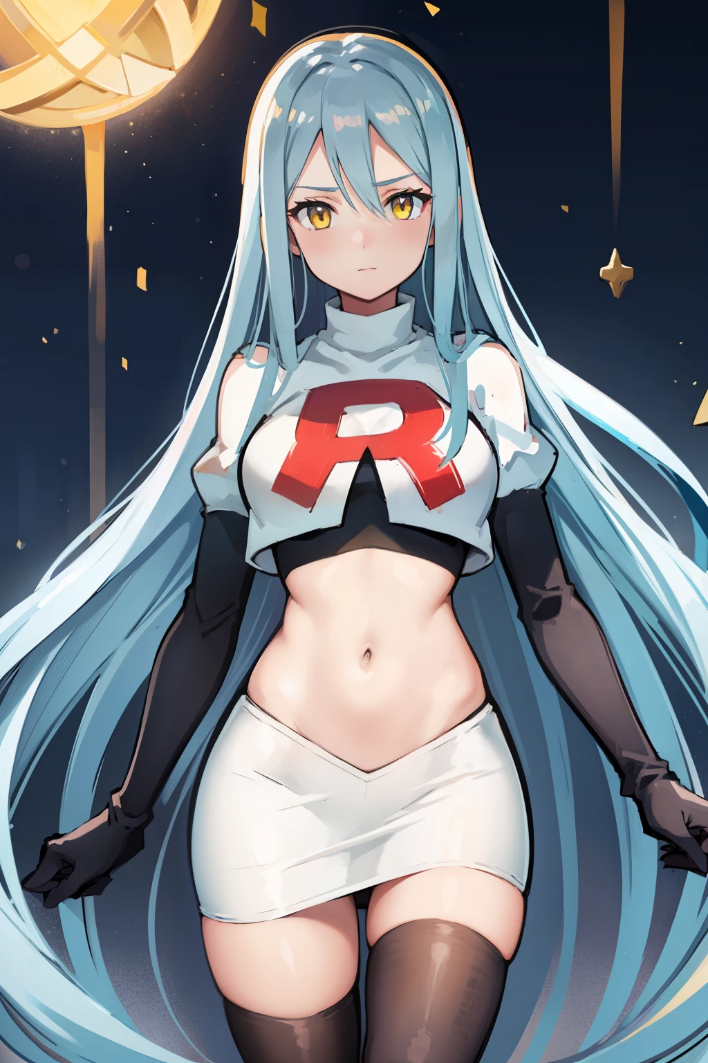 def_azura, yellow eyes ,1girl,team rocket,team rocket uniform, red letter R, white skirt,white crop top,black thigh-highs ,black elbow gloves,