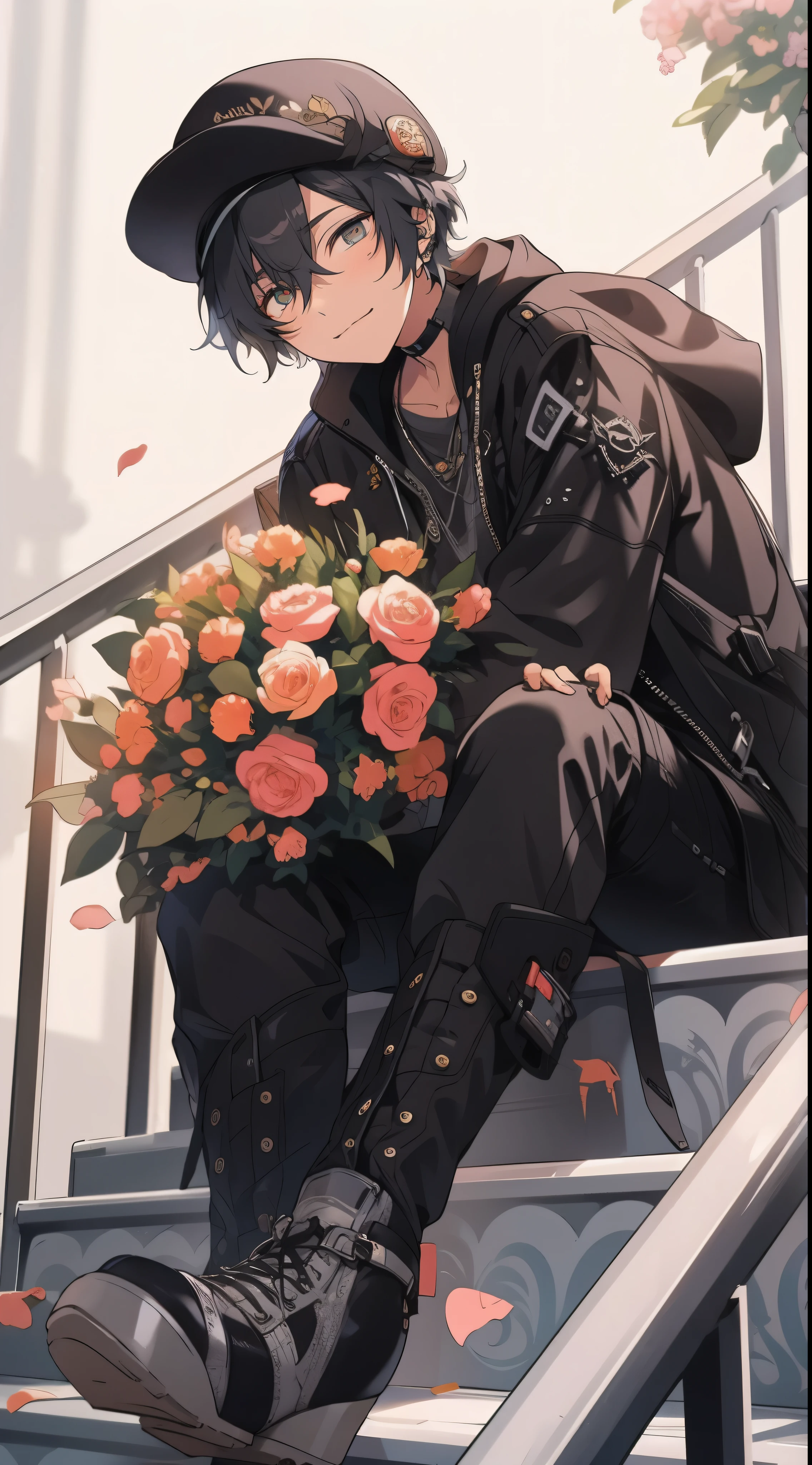 beautiful young man, short black hair, beret, black leather jacket, Have a colorful bouquet, Cloudy background, sitting on the stairs, high quality, Amount to draw, pixiv illustration