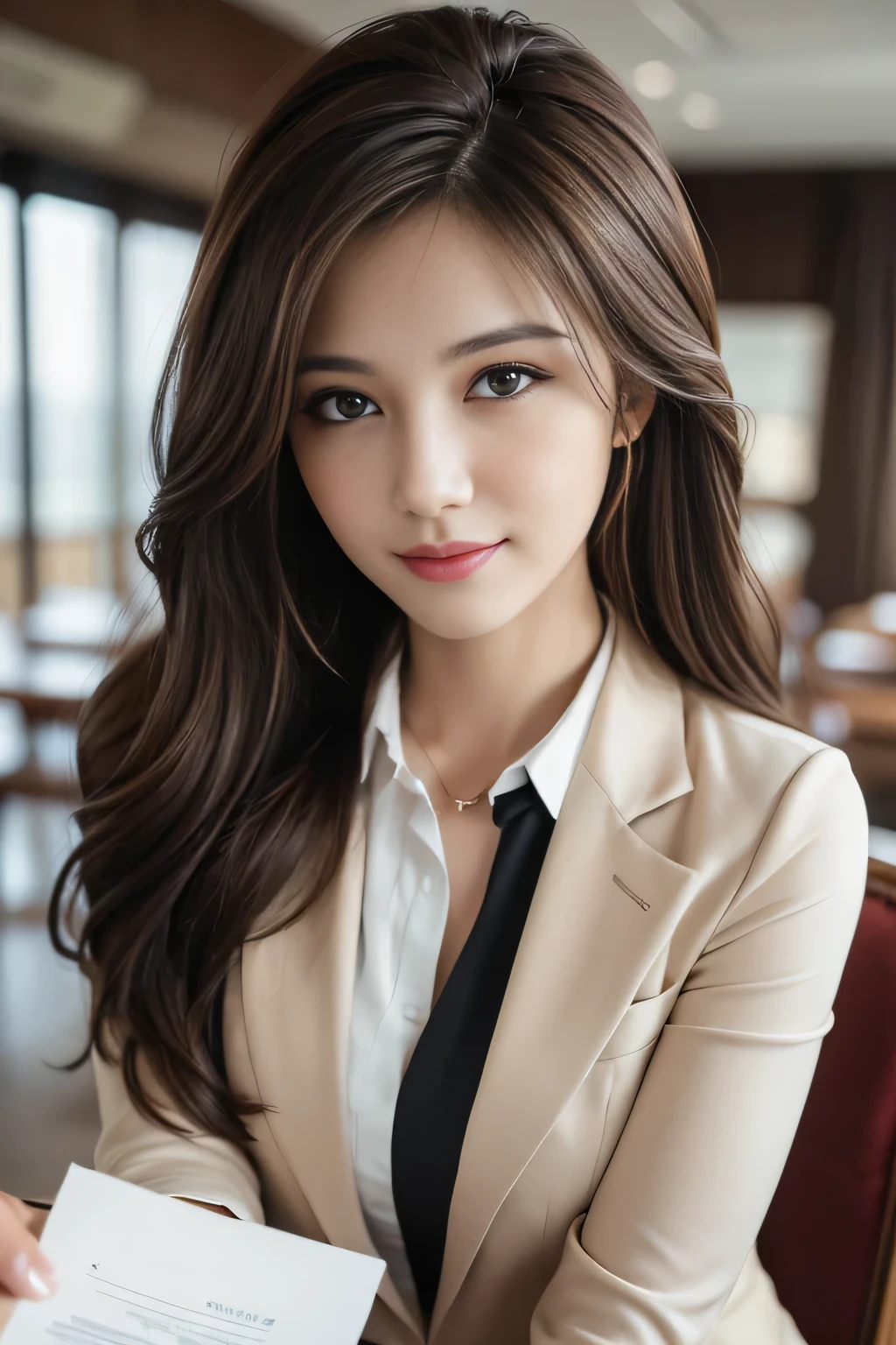 table top, highest quality, realistic, Super detailed, finely, High resolution, 8k wallpaper, 1 beautiful woman,, light brown messy hair, wearing a business suit, sharp focus, perfect dynamic composition, beautiful and detailed eyes, thin hair, Detailed realistic skin texture, smile, close-up portrait, model body shape
