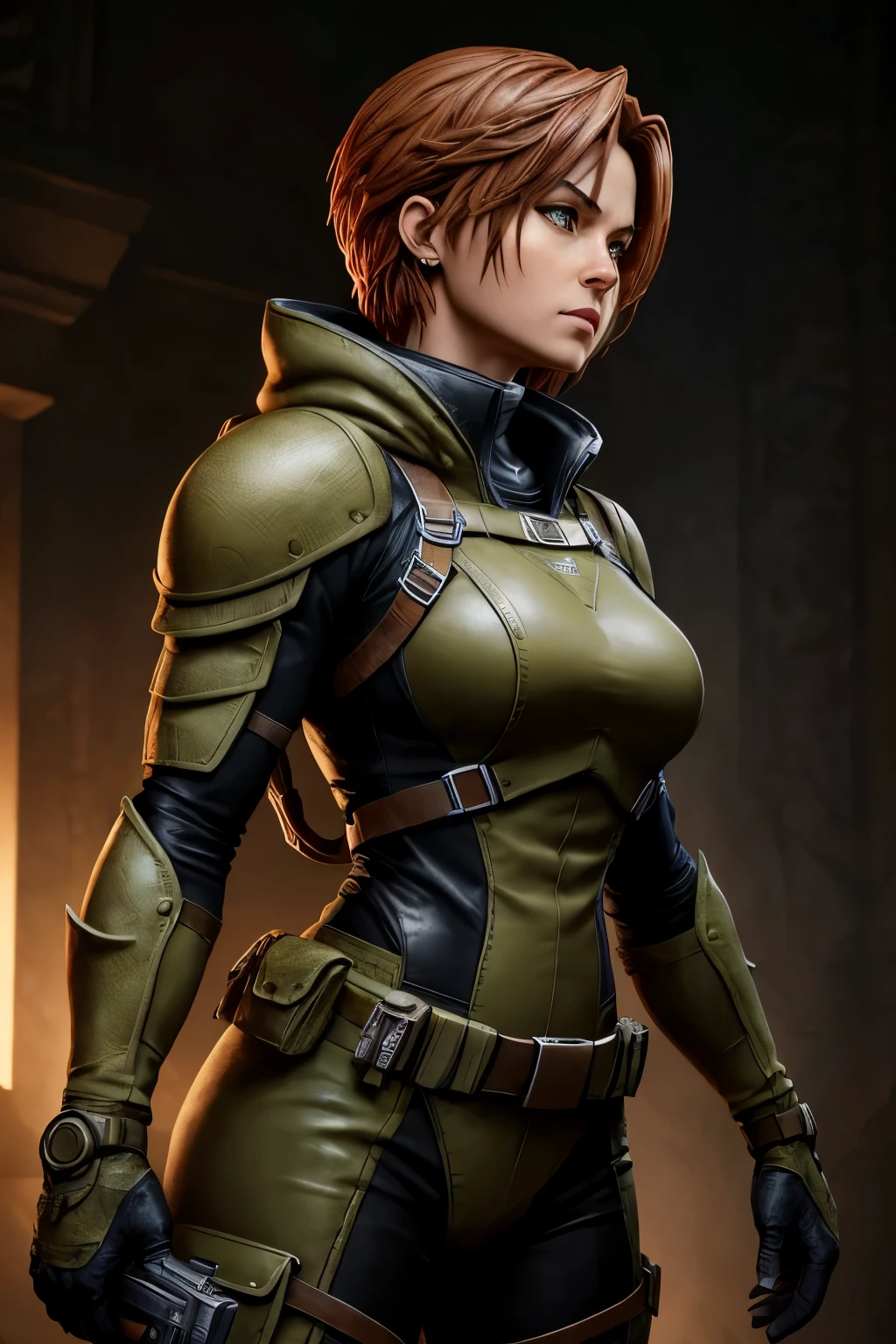 A realistic dinosaur statue of Regina from Dino Crisis, intricately detailed with lifelike textures and expressive features, wearing her iconic explorer gear. Set against a muted, earth-toned background, Regina's statue exudes an air of bravery and determination, capturing the moody and tense atmosphere of the Dino Crisis universe. The sculpture is photorealistic, showcasing Regina's facial expressions and wrinkled clothing with remarkable detail. This high-definition, hyper-realistic masterpiece boasts brilliant lighting that brings out the divine colors and textures, making it a true top-quality work of art. S2.