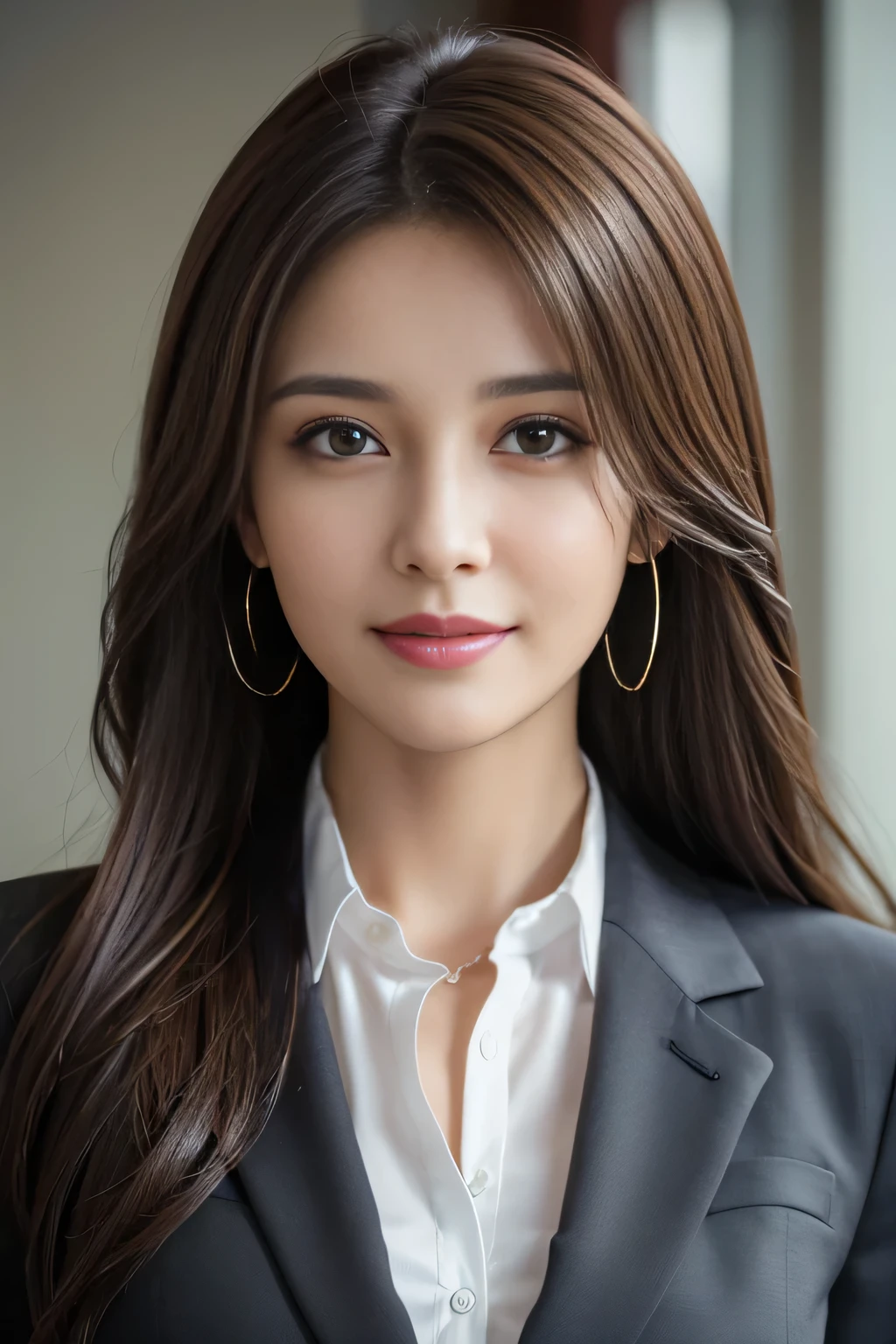 table top, highest quality, realistic, Super detailed, finely, High resolution, 8k wallpaper, 1 beautiful woman,, light brown messy hair, wearing a business suit, sharp focus, perfect dynamic composition, beautiful and detailed eyes, thin hair, Detailed realistic skin texture, smile, close-up portrait, model body shape