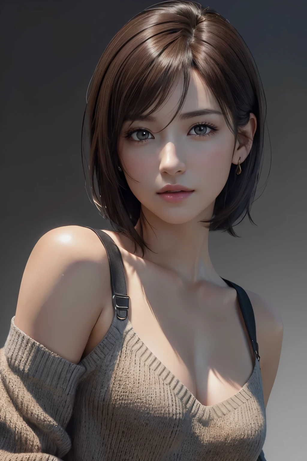(Representative Works: 1.3), (8k, photorealistic, raw photos, Highest image quality: 1.4), (30 years old mature woman),small face, beautiful face, (realistic face),no makeup、natural makeup、light makeup、 (Dark brown, short hair: 1.3), beautiful hairstyle, realistic eyes, beautiful detailed eyes, (Photorealistic skin), beautiful skin, (sweater),small chest、Bust B Cup、 disorganized, Charm, 超High definition, Super realistic, High definition, golden ratio, FF Tifa、Gray background、