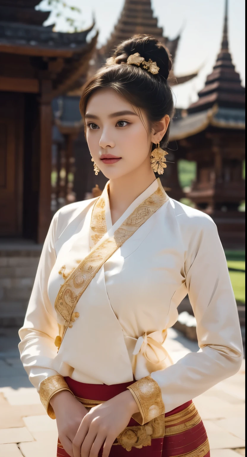 A beautiful young woman of Tai Khun descent, adorned in a meticulously crafted Keng Tong Tai Khun traditional outfit, stands gracefully against the backdrop of the majestic Bagan temples. Her attire shimmers with intricate embroidery and gold accents, each element carefully chosen to reflect the rich cultural heritage of her people.

Details:

Facial features: The woman's face is radiant and youthful, with delicate features and captivating eyes that sparkle with warmth and intelligence. Her hair is styled in a messy bun adorned with fresh flowers and secured with a gold pin, adding a touch of elegance and whimsy.
Traditional outfit: The Keng Tong Tai Khun outfit is a top tank style masterpiece of craftsmanship, featuring vibrant silks, intricate embroidery, and delicate gold embellishments. The long, flowing skirt cascades gracefully around her legs, while the fitted bodice accentuates her slender figure. A traditional headdress adds a regal touch to her ensemble.
Accessories: The woman's beauty is further enhanced by a dazzling array of traditional jewelry. Bangle bracelets encircle her wrists, a statement necklace adorns her neck, and delicate earrings dangle from her ears. Each piece is intricately crafted and adds a touch of luxury to her overall look.
Bagan temples background: The ancient Bagan temples provide a breathtaking backdrop for the portrait. Their weathered brickwork and towering spires add a touch of grandeur and mystery to the scene. The warm hues of the sunrise or sunset bathe the temples in a golden glow, creating a truly magical atmosphere.