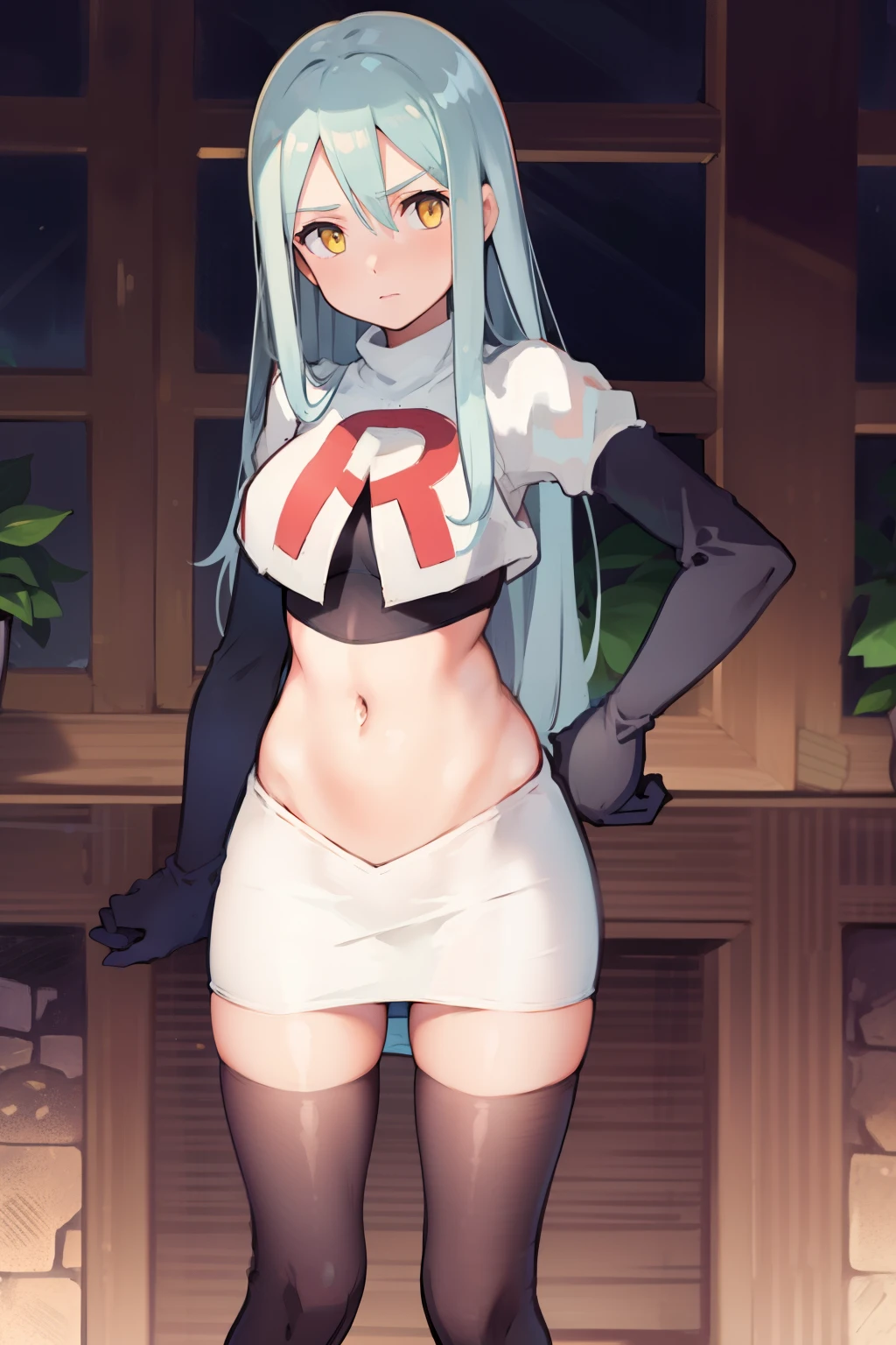 def_azura, yellow eyes ,1girl,team rocket,team rocket uniform, red letter R, white skirt,white crop top,black thigh-highs ,black elbow gloves,