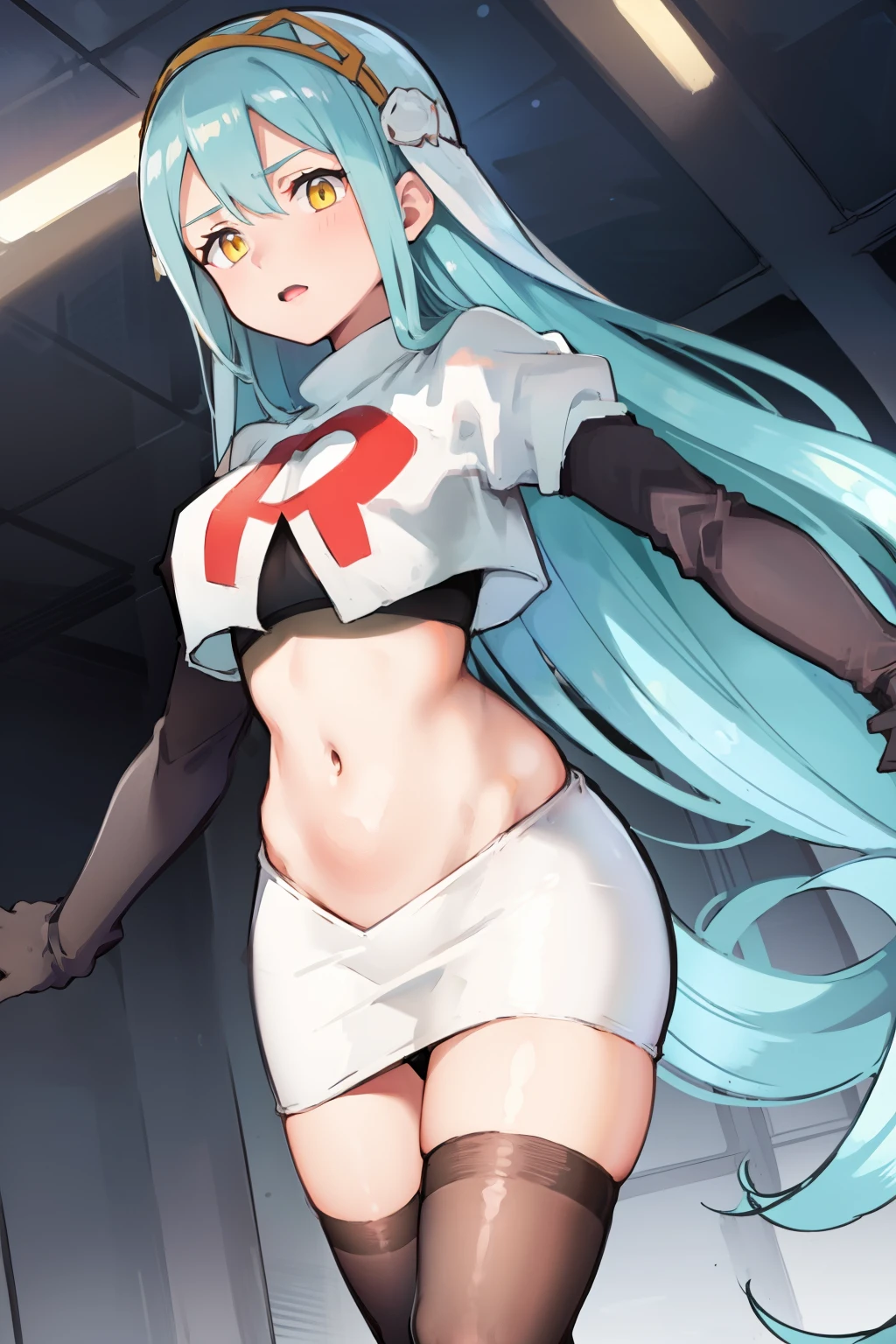 def_azura, yellow eyes ,1girl,team rocket,team rocket uniform, red letter R, white skirt,white crop top,black thigh-highs ,black elbow gloves,