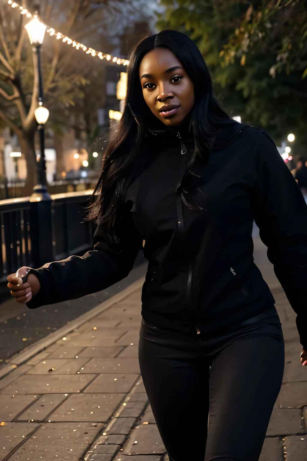 a young African influencer aged 40 with straight long black hair a radiant dark complexion ,wearing winter clothing , highlighting her slightly slender African curves and with the face of an angel, running in london park , night time
