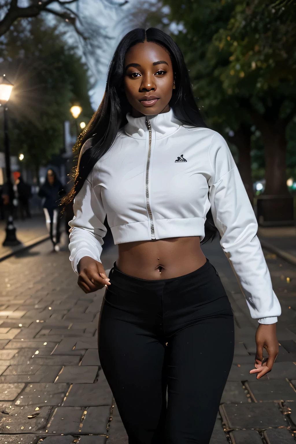 a young African influencer aged 40 with straight long black hair a radiant dark complexion ,wearing winter clothing , highlighting her slightly slender African curves and with the face of an angel, running in london park , night time