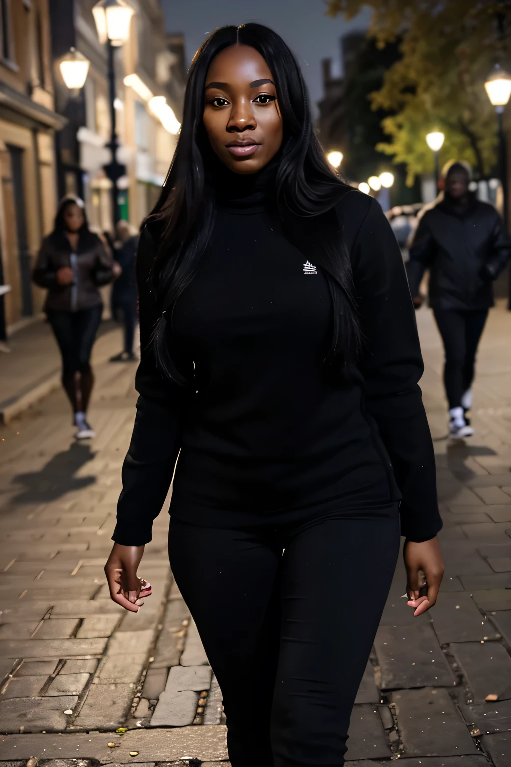 a young African influencer aged 40 with straight long black hair a radiant dark complexion ,wearing plain winter clothing , highlighting her slightly slender African curves and with the face of an angel, standing in london streets
