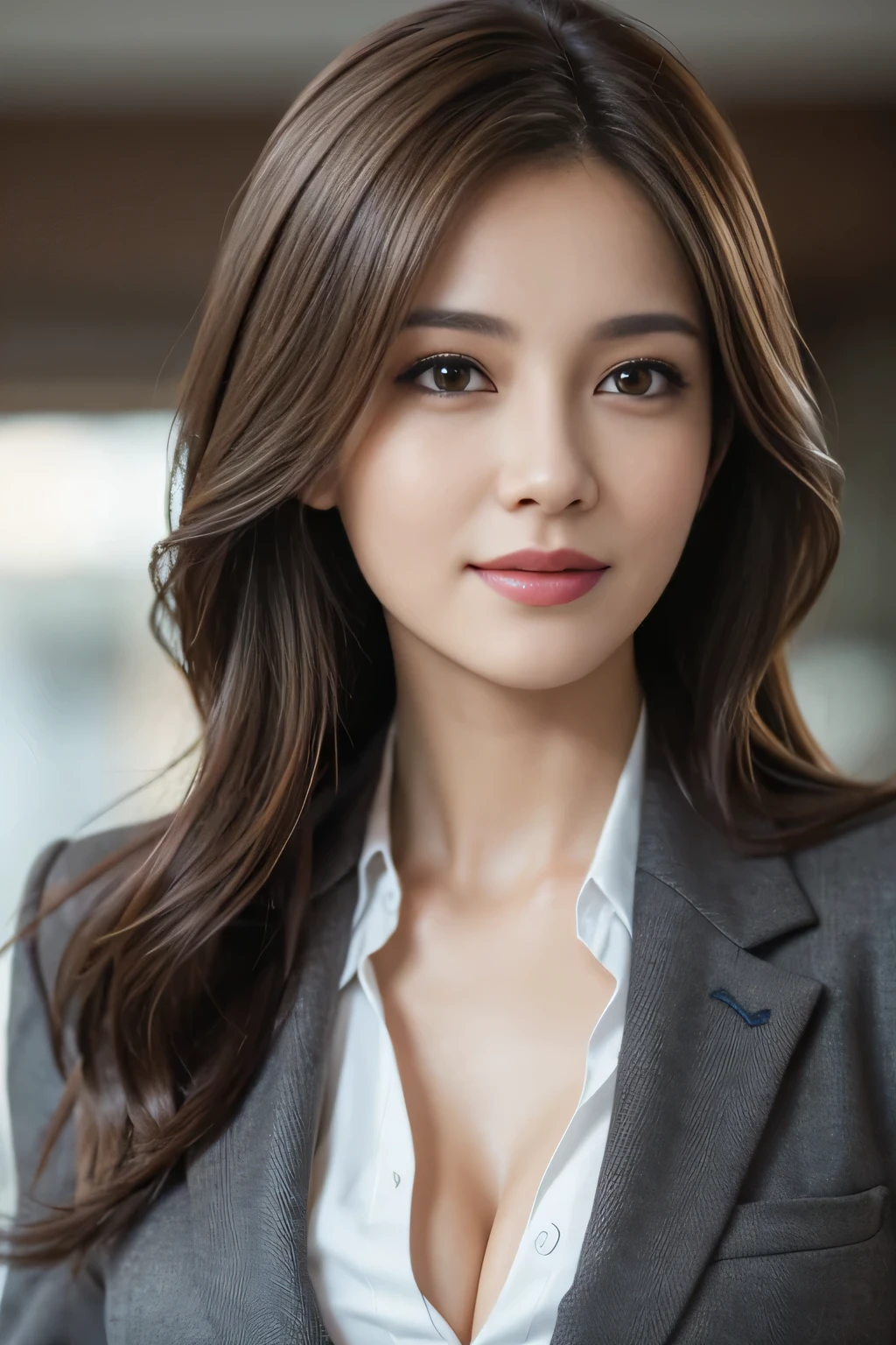 table top, highest quality, realistic, Super detailed, finely, High resolution, 8k wallpaper, 1 beautiful woman,, light brown messy hair, wearing a business suit, sharp focus, perfect dynamic composition, beautiful and detailed eyes, thin hair, Detailed realistic skin texture, smile, close-up portrait, model body shape