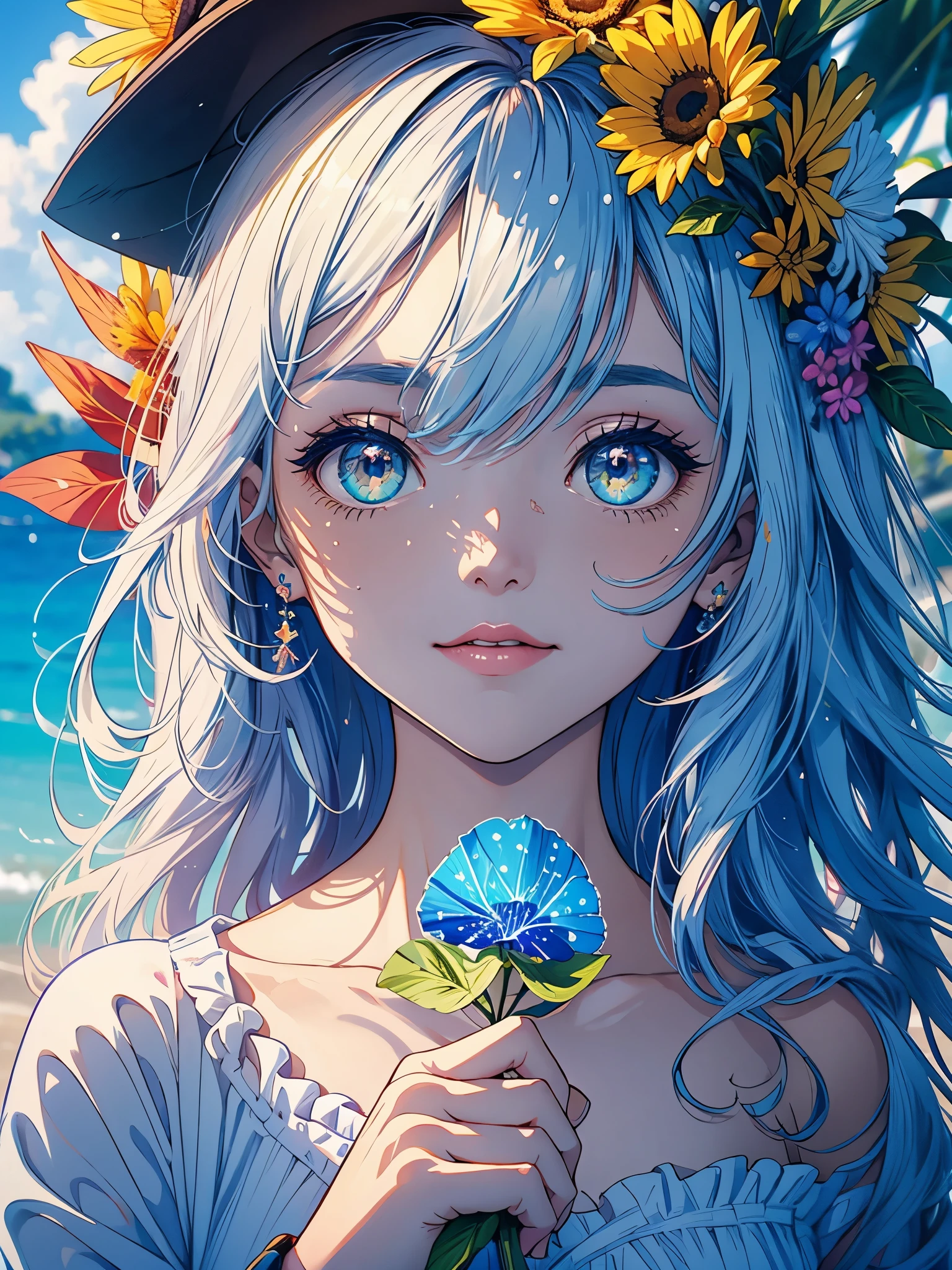 obra de arte, melhor qualidade, (Papel de parede CG Unity 8K muito detalhado) (melhor qualidade), (best illustration), (Melhores sombras) natureza', mar azul,delicadas folhas, petals of various colors falling in the air, luz de rastreamento, super detalhado