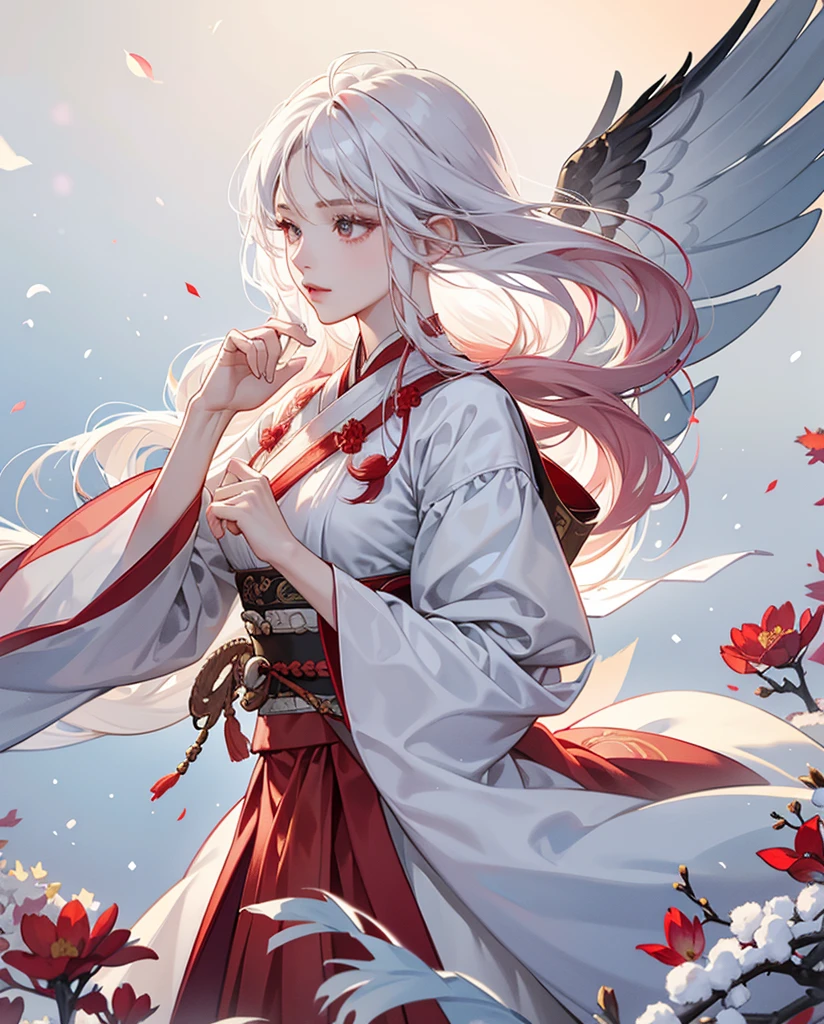 kapok,red hair,a woman,falling snow,white hair,Liu Yemei,bust,Winter morning,Hanfu,gauze,flowing sleeves,breeze,Sunlight,Slightly curly long hair,HD quality,clean background,High definition eye-catching,silky hair,Detailed depiction,masterpiece,super detailed,petals flying,