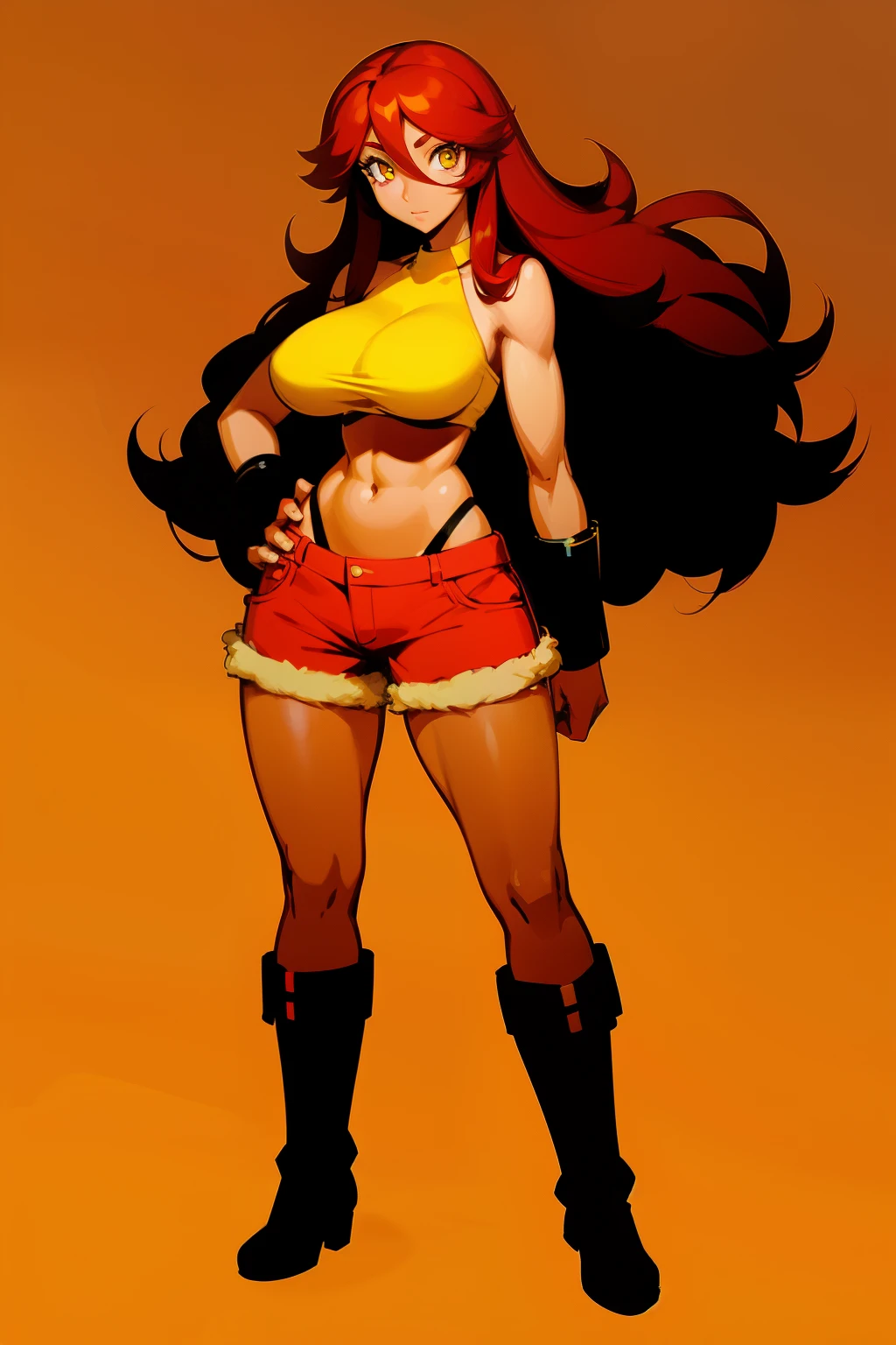 Brown skin, halter top, shorts, long red hair, yellow eyes, 1girl, big breasts, big hips, long hair between eyes, looking at viewer, solo, full body, standing, boots