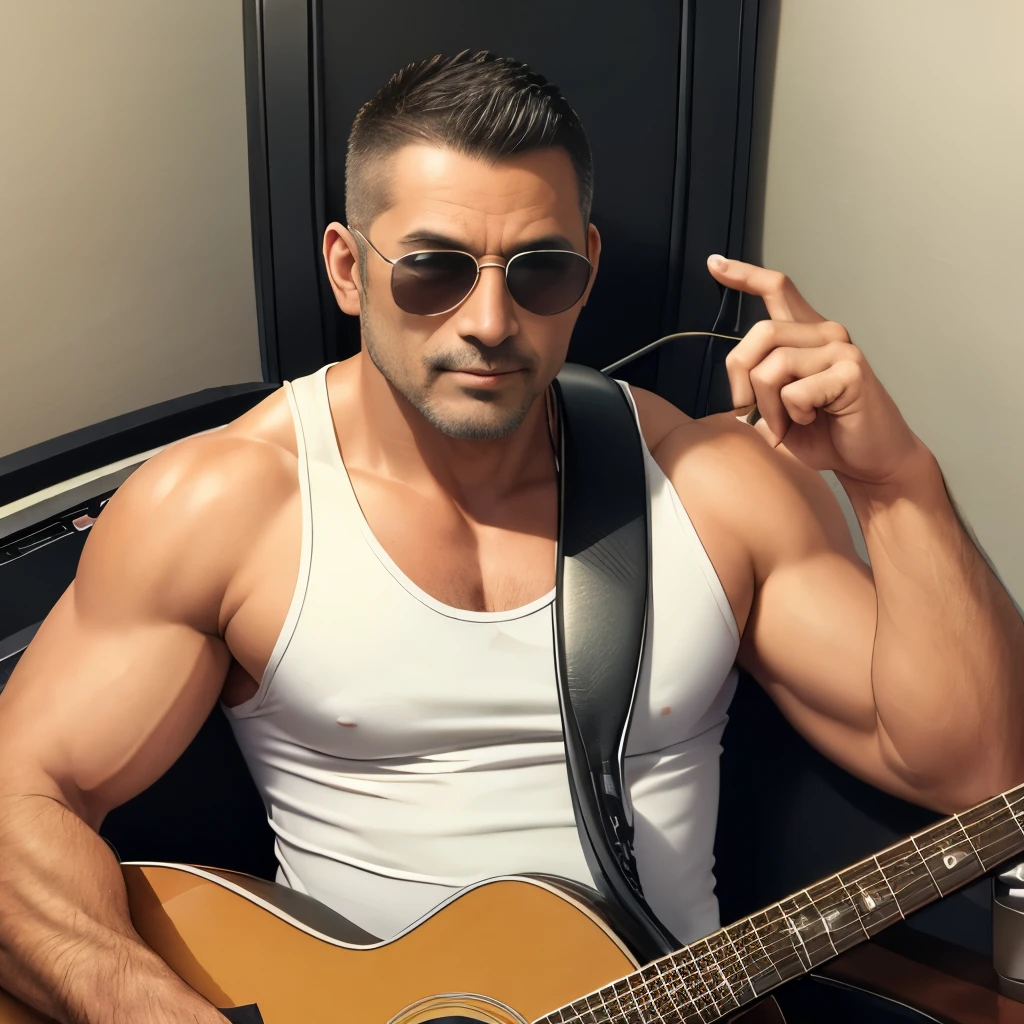 (highest quality:1.5), (masterpiece:1.5), (Radio booth:1.2), (Japanese:1.1), crew cut, macho, huge body, 46 years old, close-up face, sunglasses, white tank top, sitting in a chair, (Have an acoustic guitar:1.1),