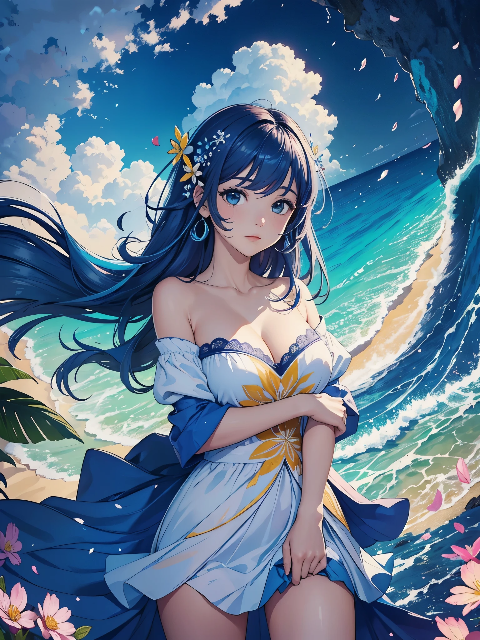 obra de arte, melhor qualidade, (Papel de parede CG Unity 8K muito detalhado) (melhor qualidade), (best illustration), (Melhores sombras) natureza', mar azul,delicadas folhas, petals of various colors falling in the air, luz de rastreamento, super detalhado